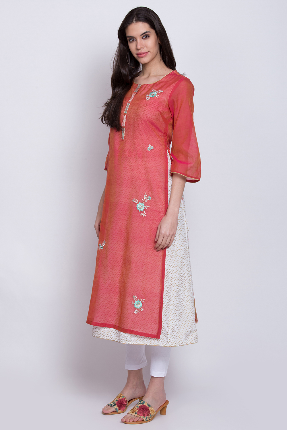 Pink Poly Cotton Flared Yarndyed Kurta image number 2