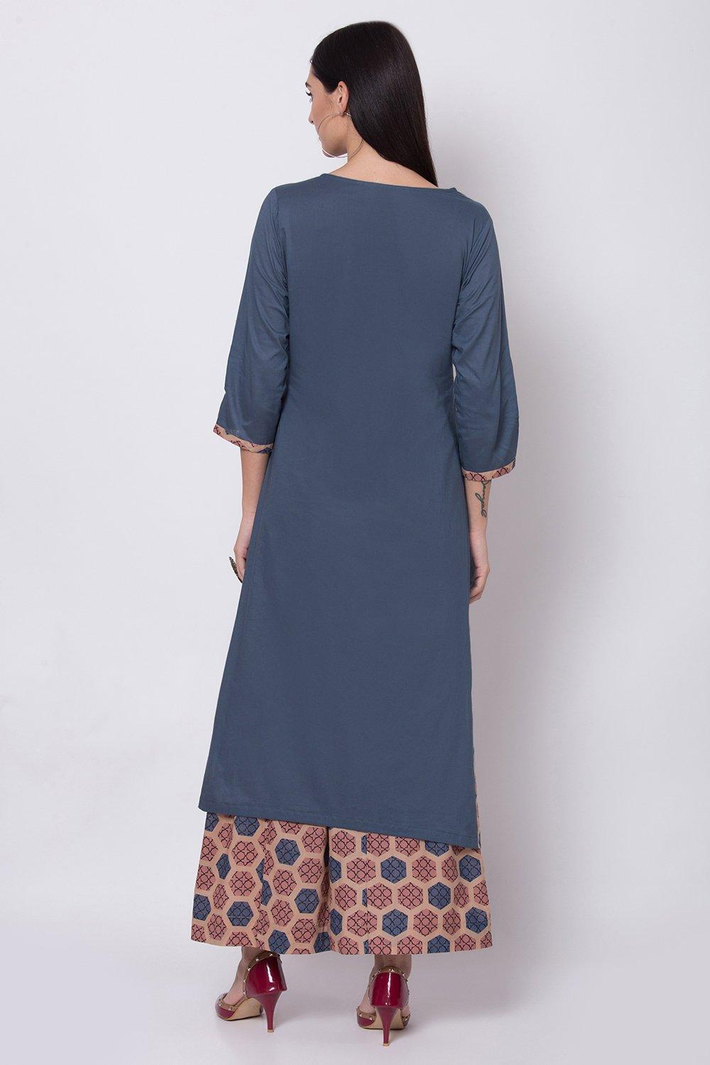 Dark Blue Flared Kurta Palazzo Suit Set image number 4