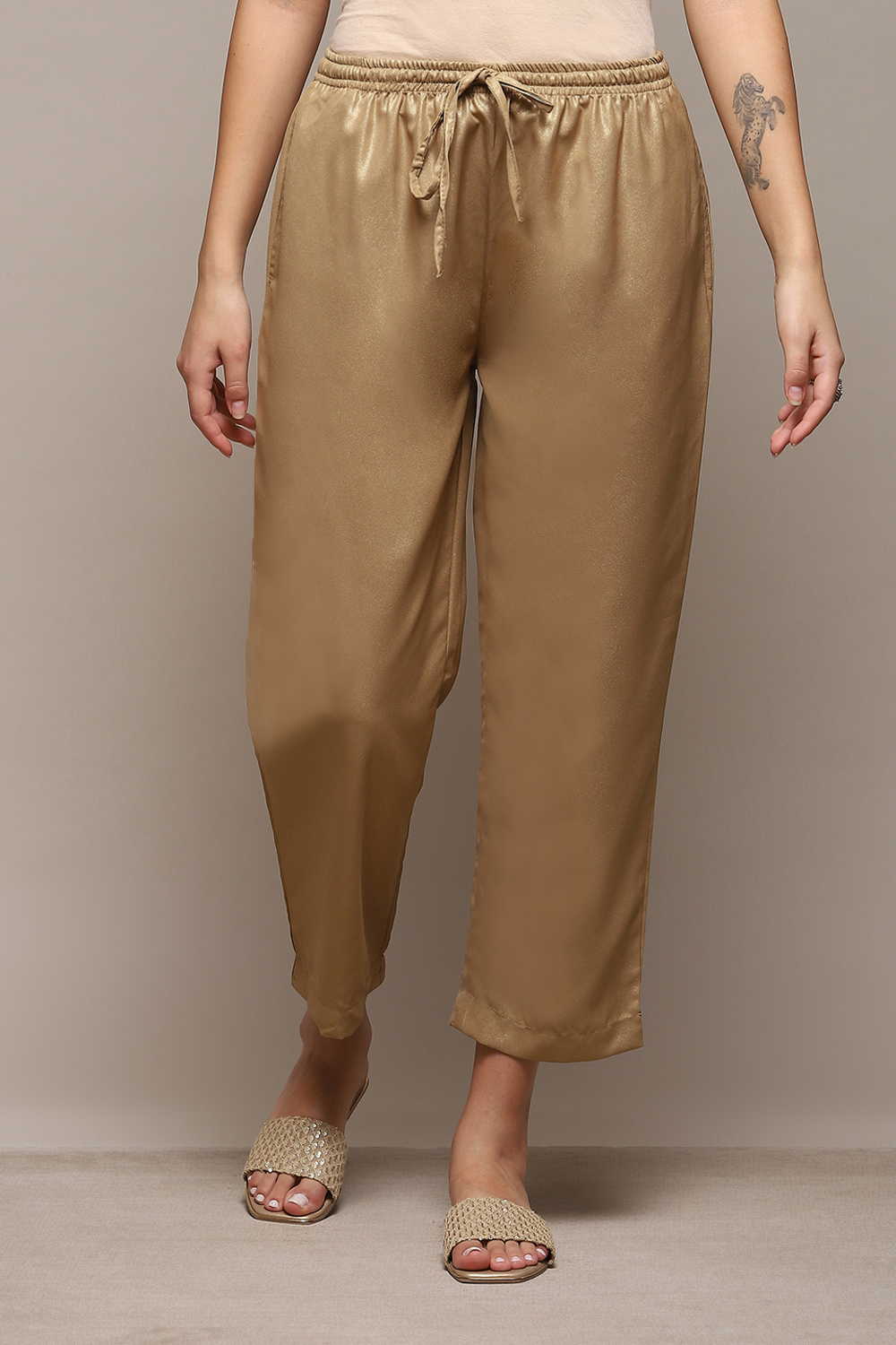 Antique Gold Polyester Slim Printed Pants image number 5