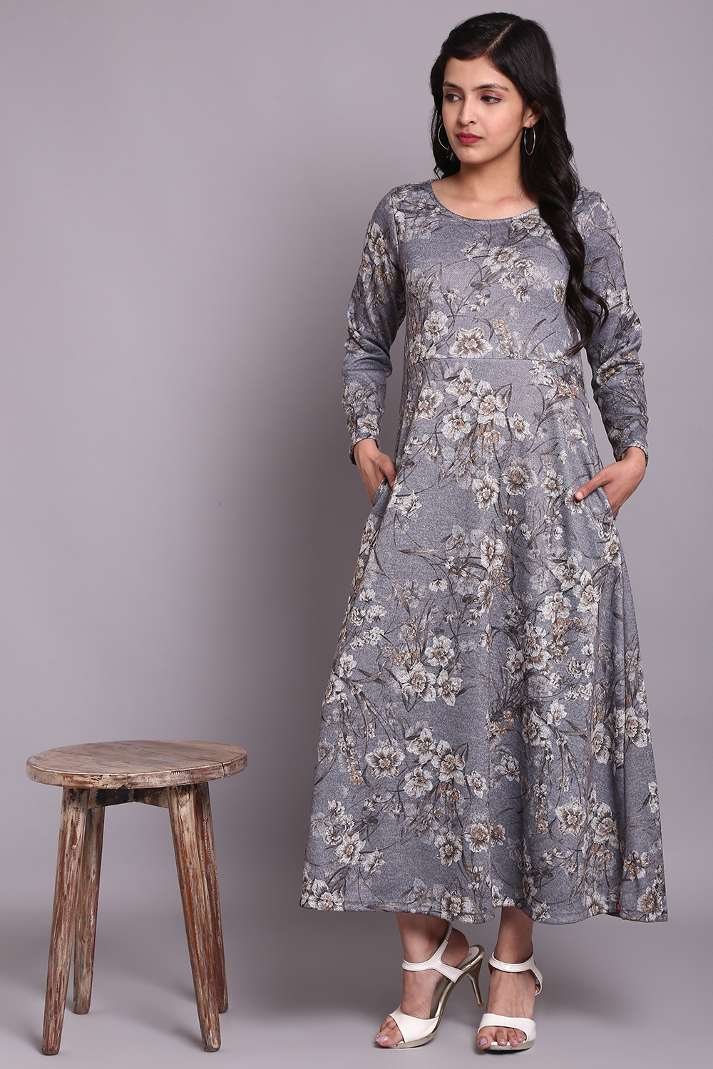 Grey Floral Winter Printed Dress image number 0