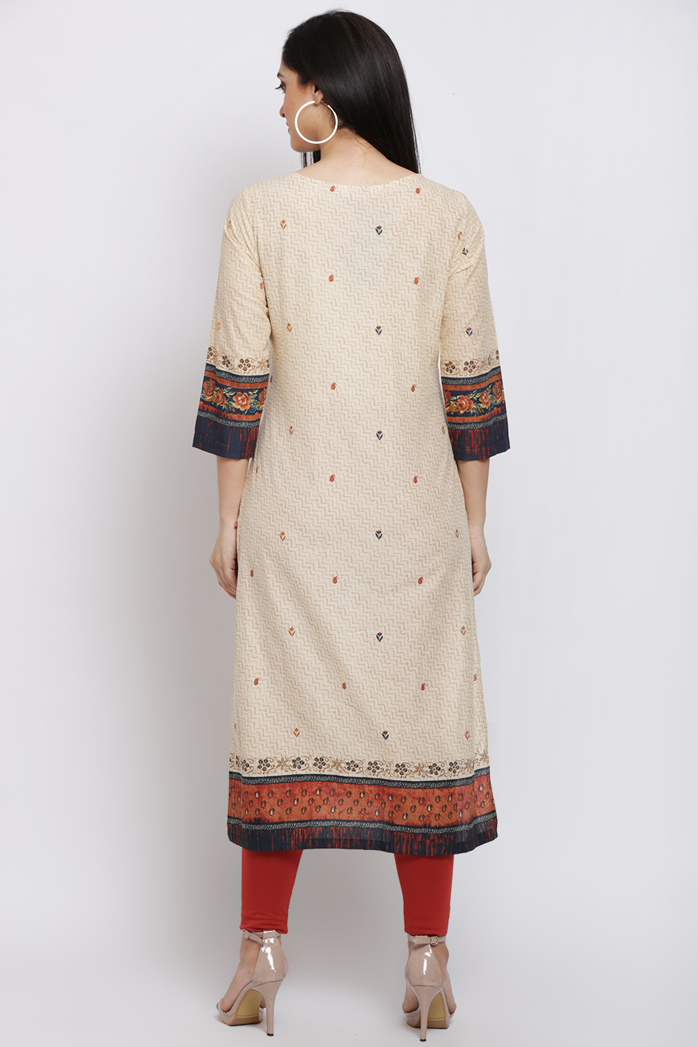 Cream Cotton Straight Printed Kurta image number 5