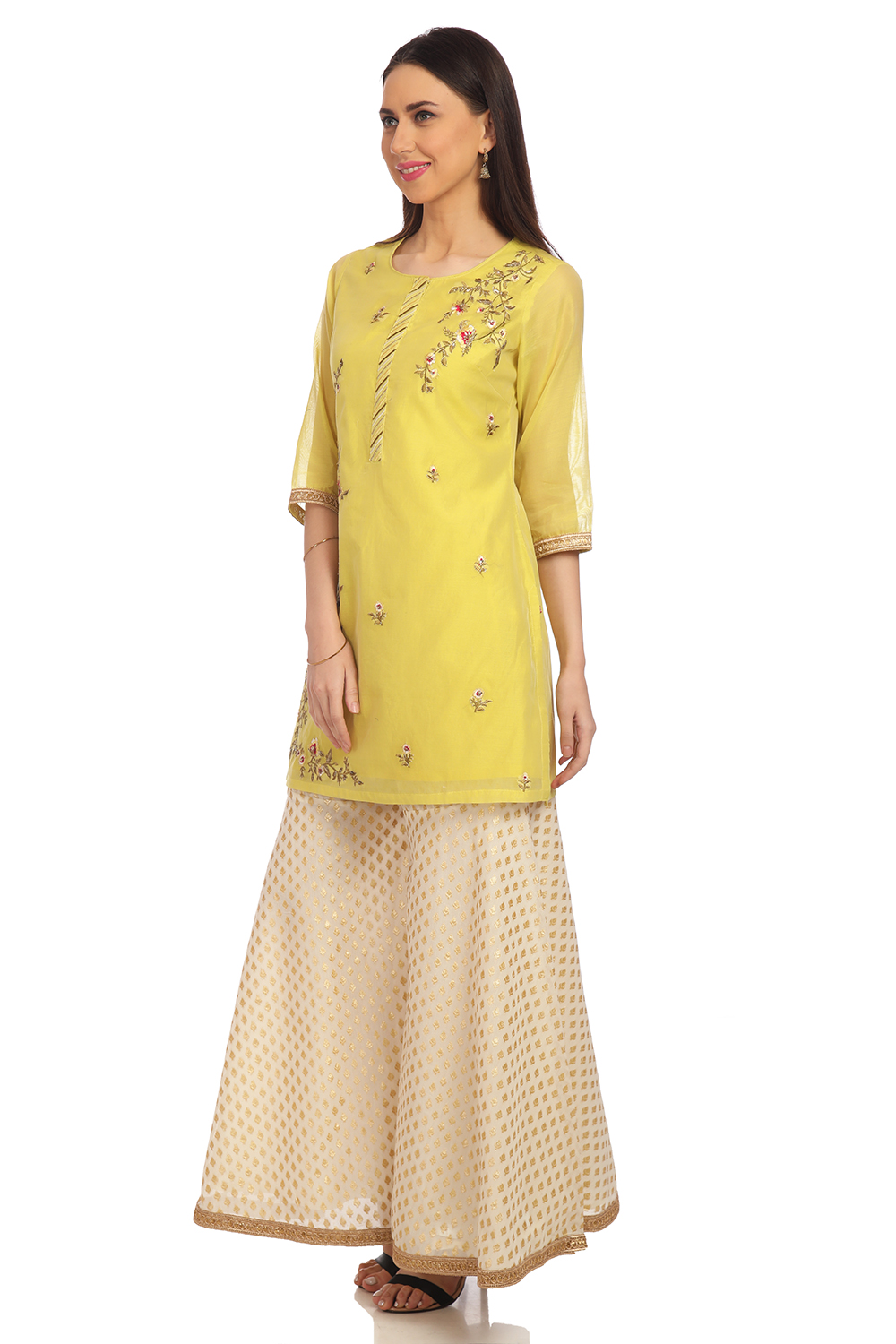 Lime Green Straight Poly Cotton Kurta Garara Suit Set image number 3