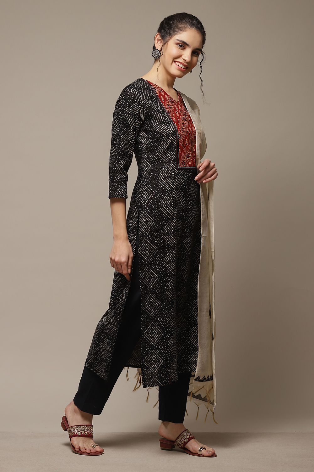 Black Cotton Printed Unstitched Suit Set image number 4