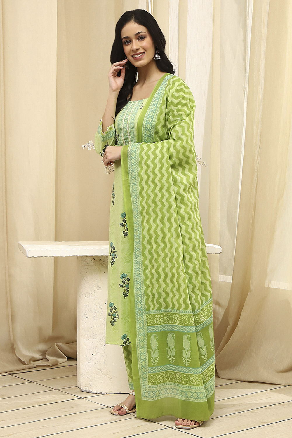 Pink Cotton Screen Print Unstitched Suit Set image number 1