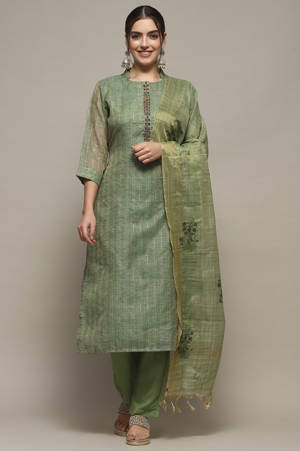 Earthy Yellow Chanderi Unstitched Suit set image number 8