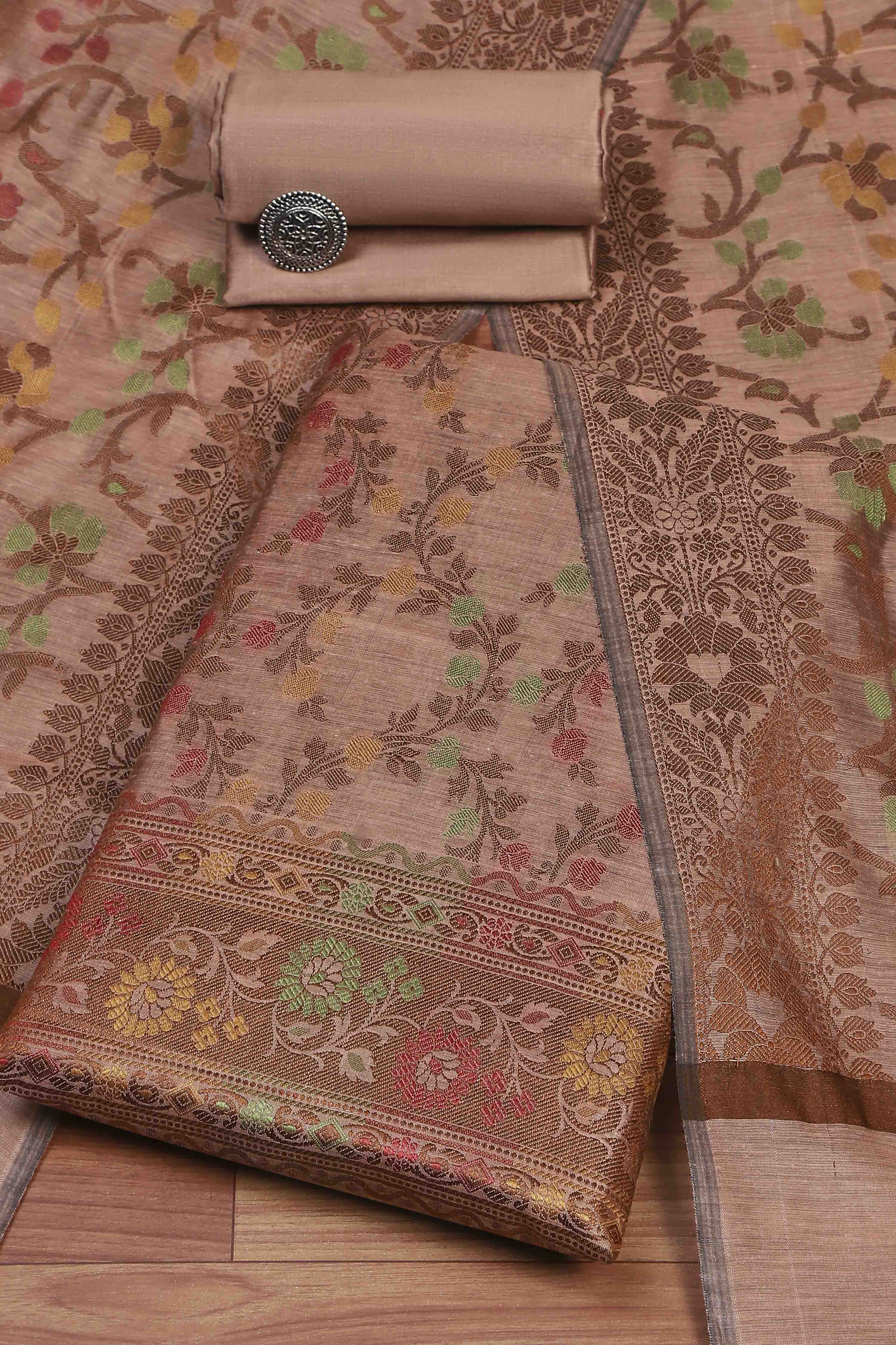 Grey Cotton Printed Embroidered Unstitched Suit Set image number 0