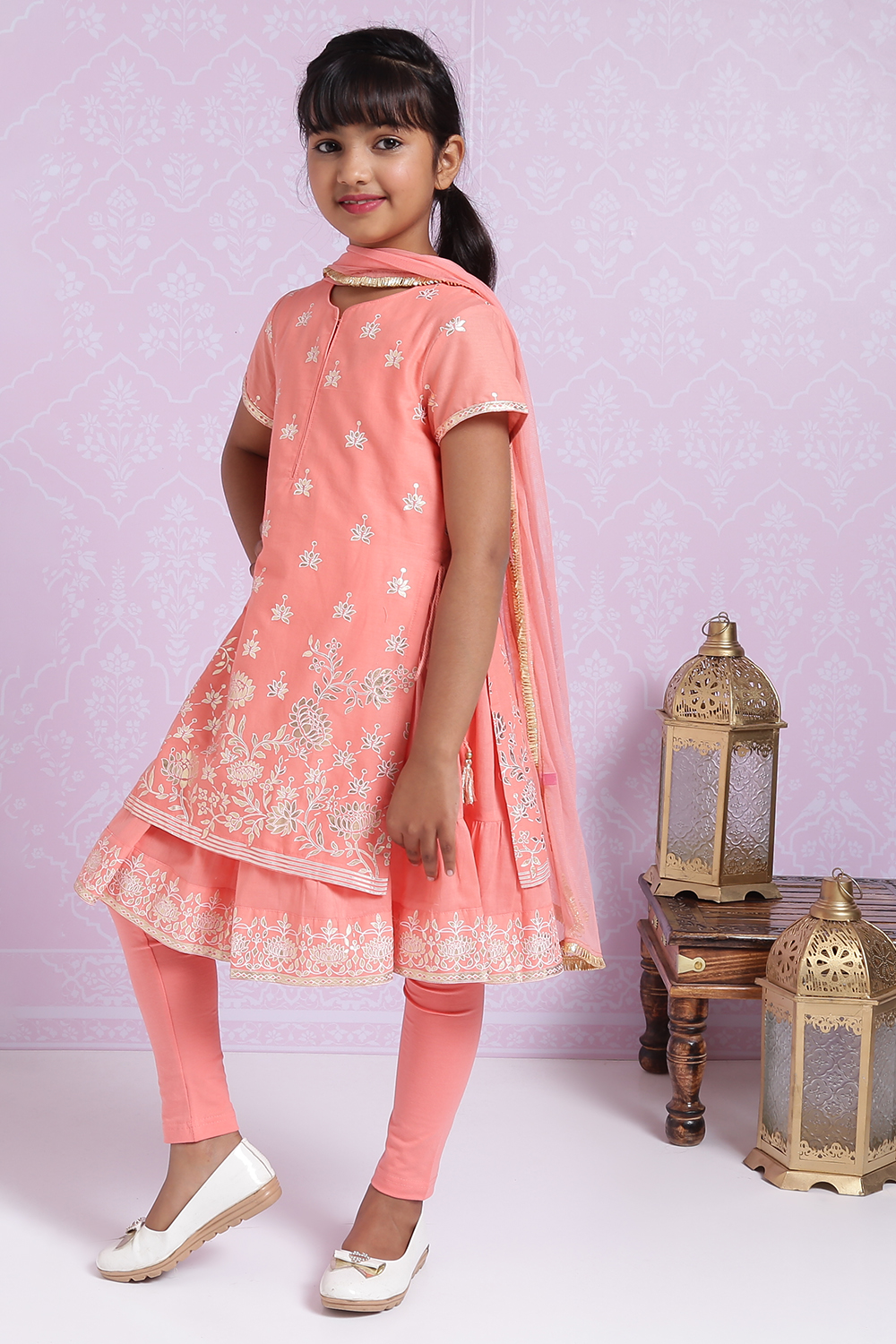 Peach Cotton Double Layered Kurta Churidar Suit Set image number 5