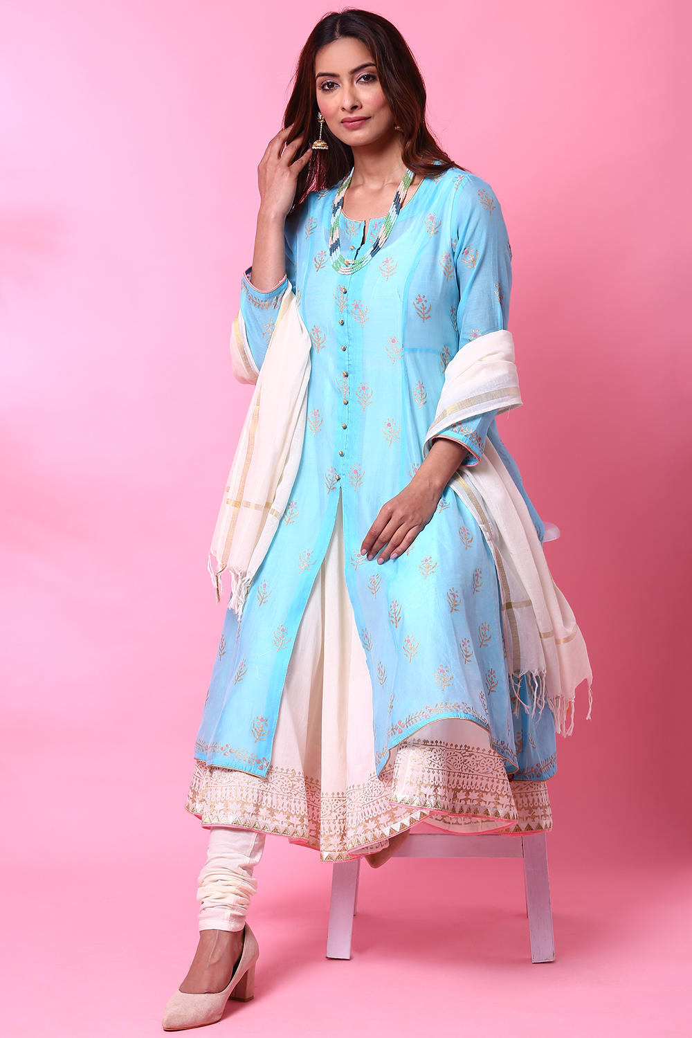 Powder Blue Double Layered Kurta Churidar Suit Set image number 0