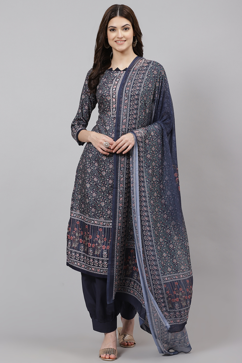 Blue Poly Spun Digital Print Unstitched Suit Set image number 3