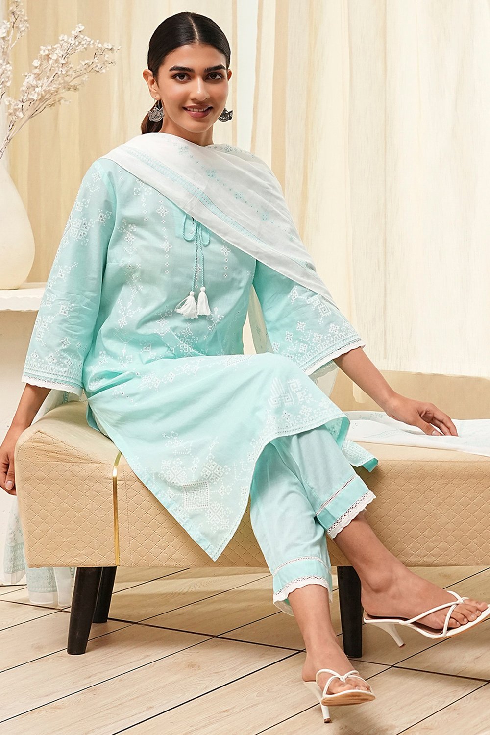 Aqua Cotton Printed Straight Suit Set image number 0
