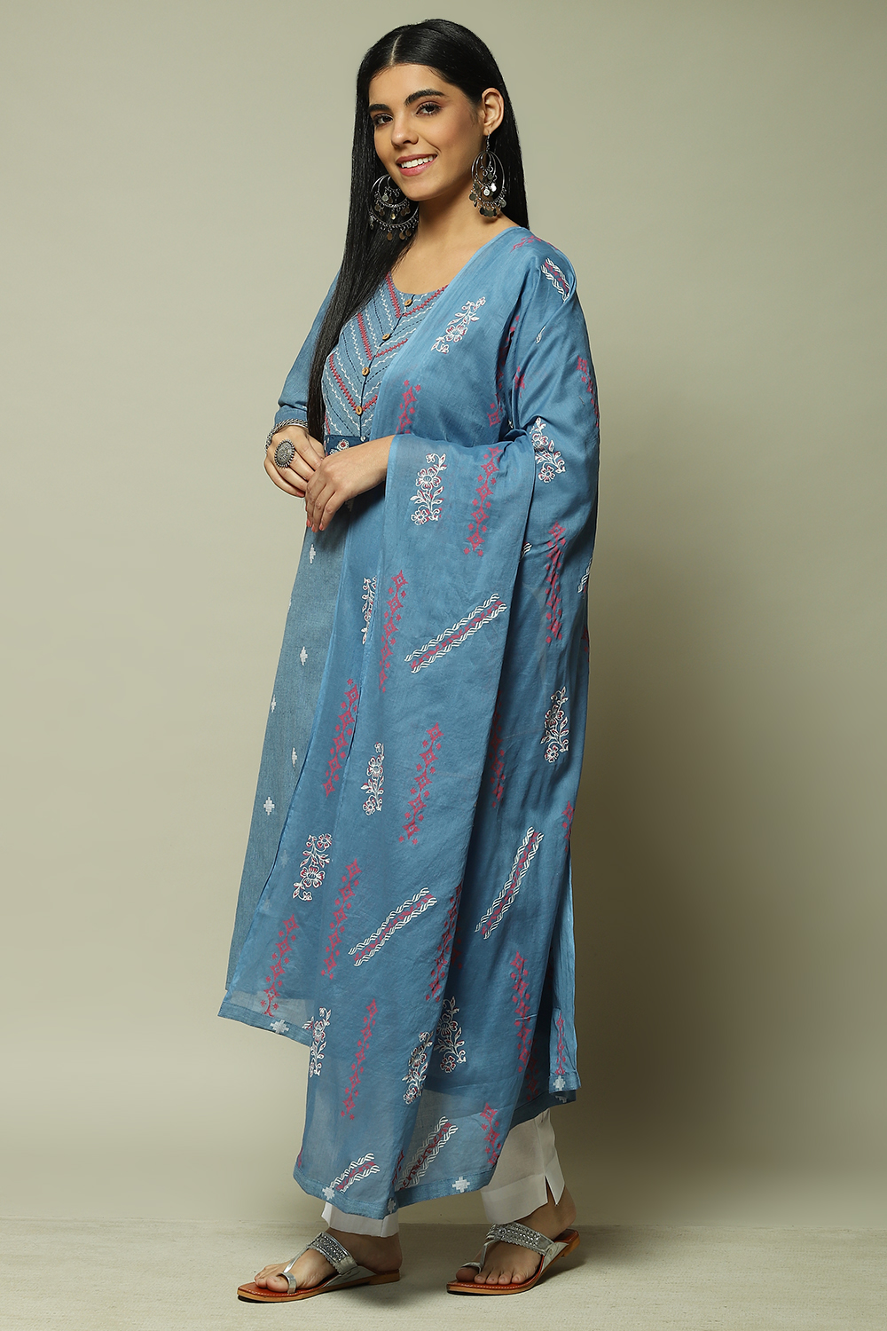 Indigo Cotton Machine Embroidered Unstitched Suit Set image number 1
