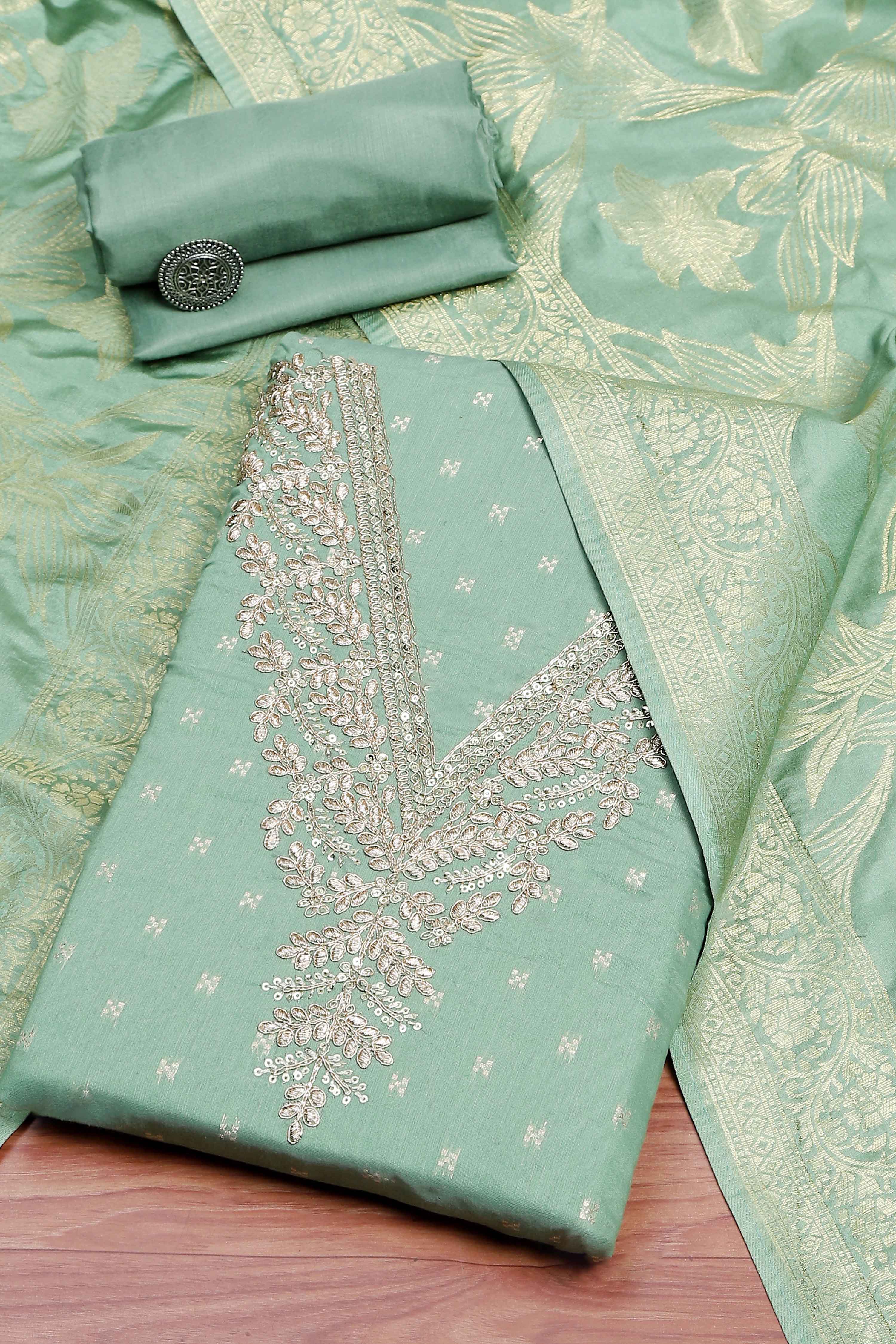 Green Georgette Embroidered Unstitched Suit Set image number 0