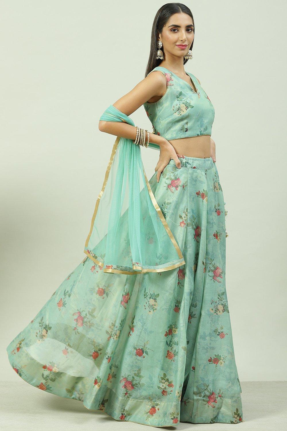 Sea Green Cotton Blend Lehenga Set image number 6