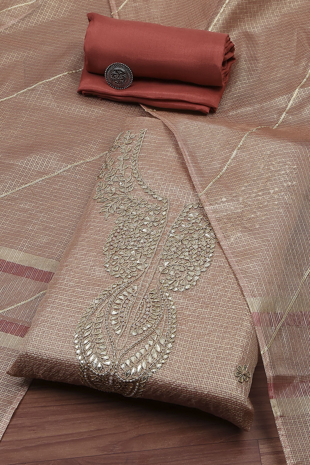 Peach-Toned Tissue Embroidered Unstitched Suit Set image number 0