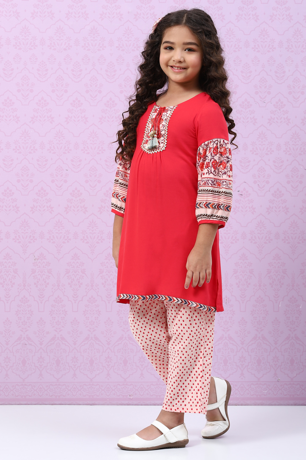 Red Rayon Flared Printed Kurta Set image number 0