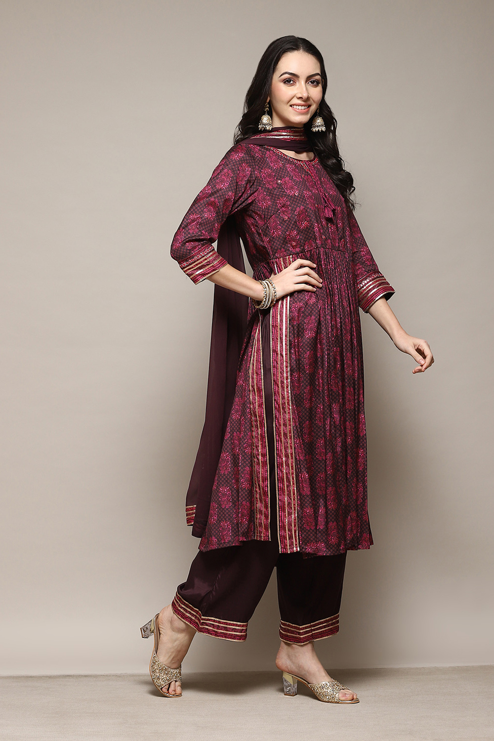 Wine Viscose Gathered Kurta Palazzo Suit Set image number 6