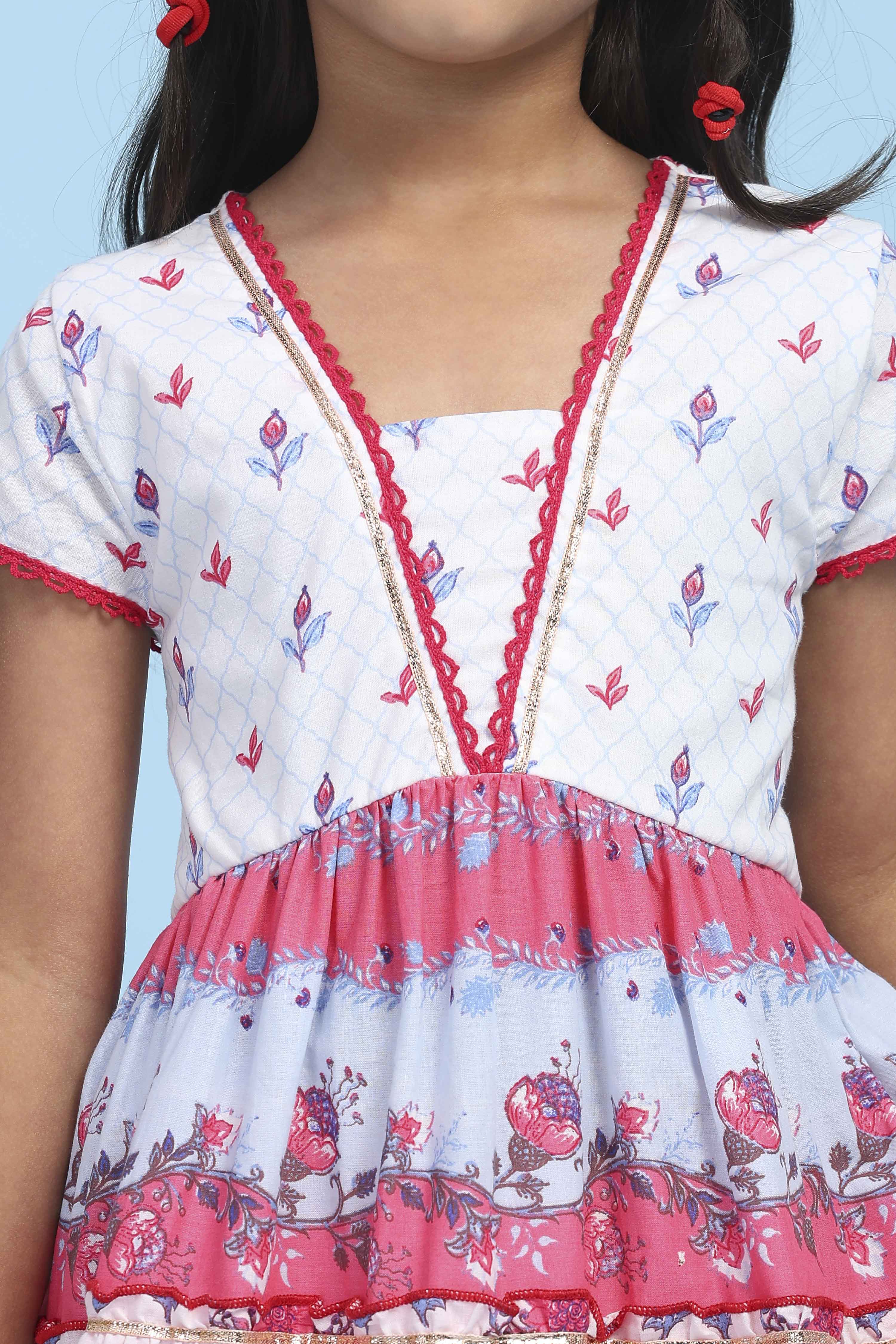 White Cotton Printed Tiered Suit Set image number 1