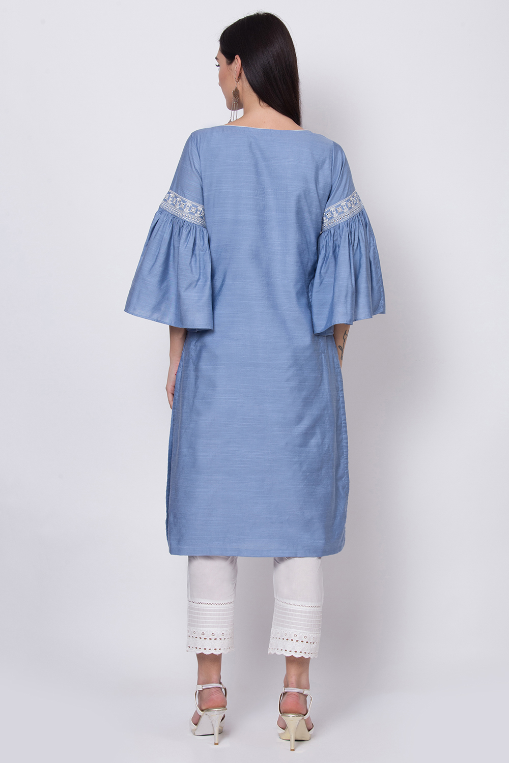 Powder Blue Viscose Silk Straight Embroidered Kurta image number 4