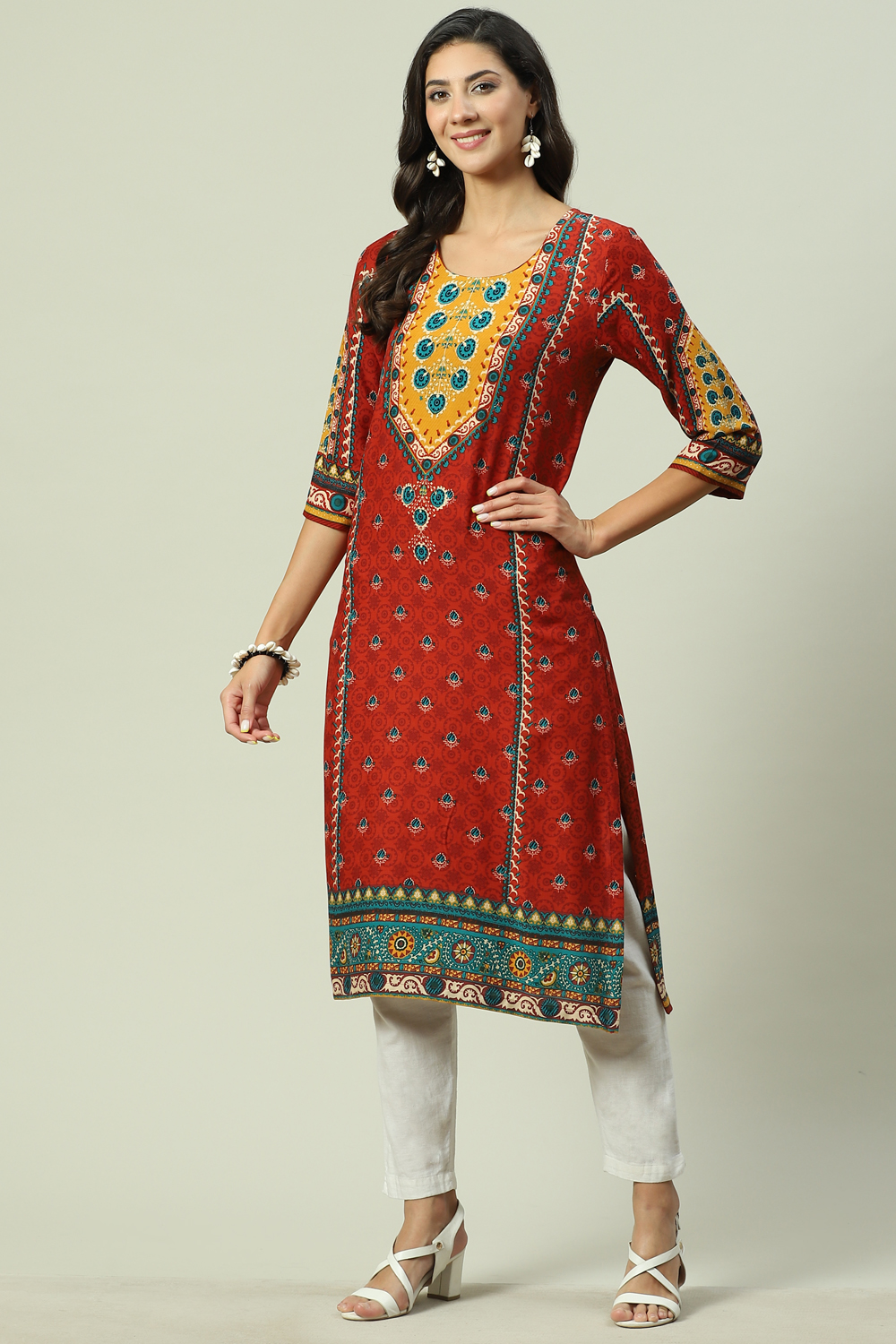 Rust LIVA Straight Printed Kurta image number 0