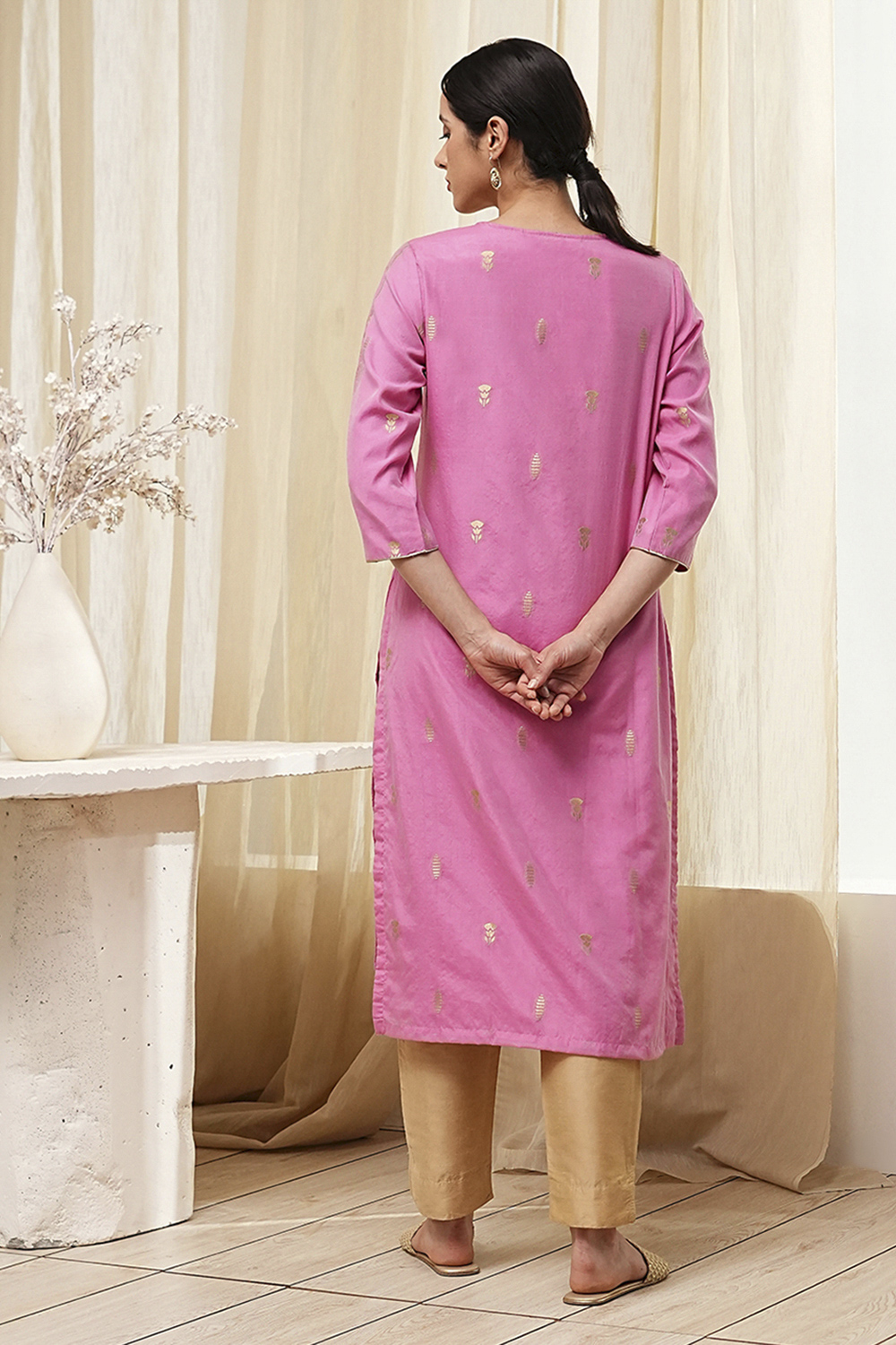 Pink Poly Cotton Straight Yarndyed Kurta image number 3