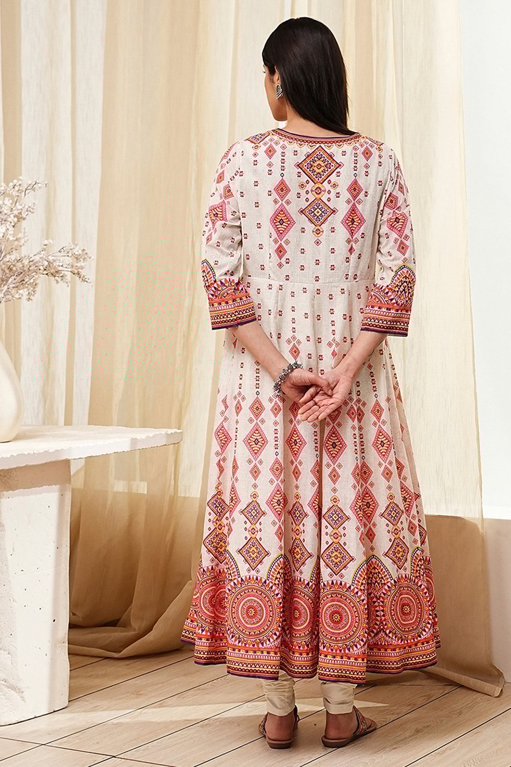 Ecru Cotton Printed Anarkali Suit Set image number 4