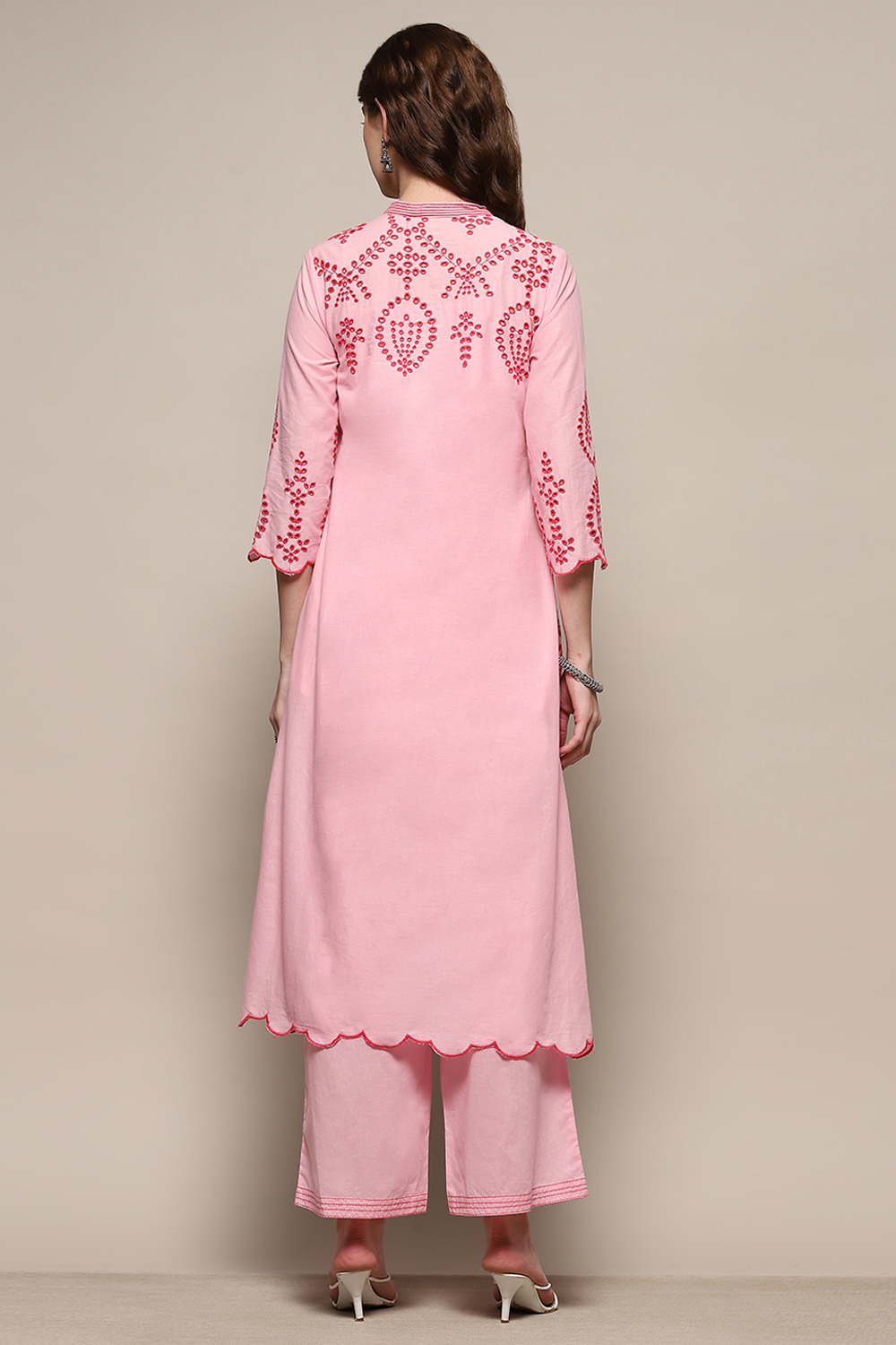 Yellow Cotton Schiffli Kurta & Palazzo Suit Set image number 4
