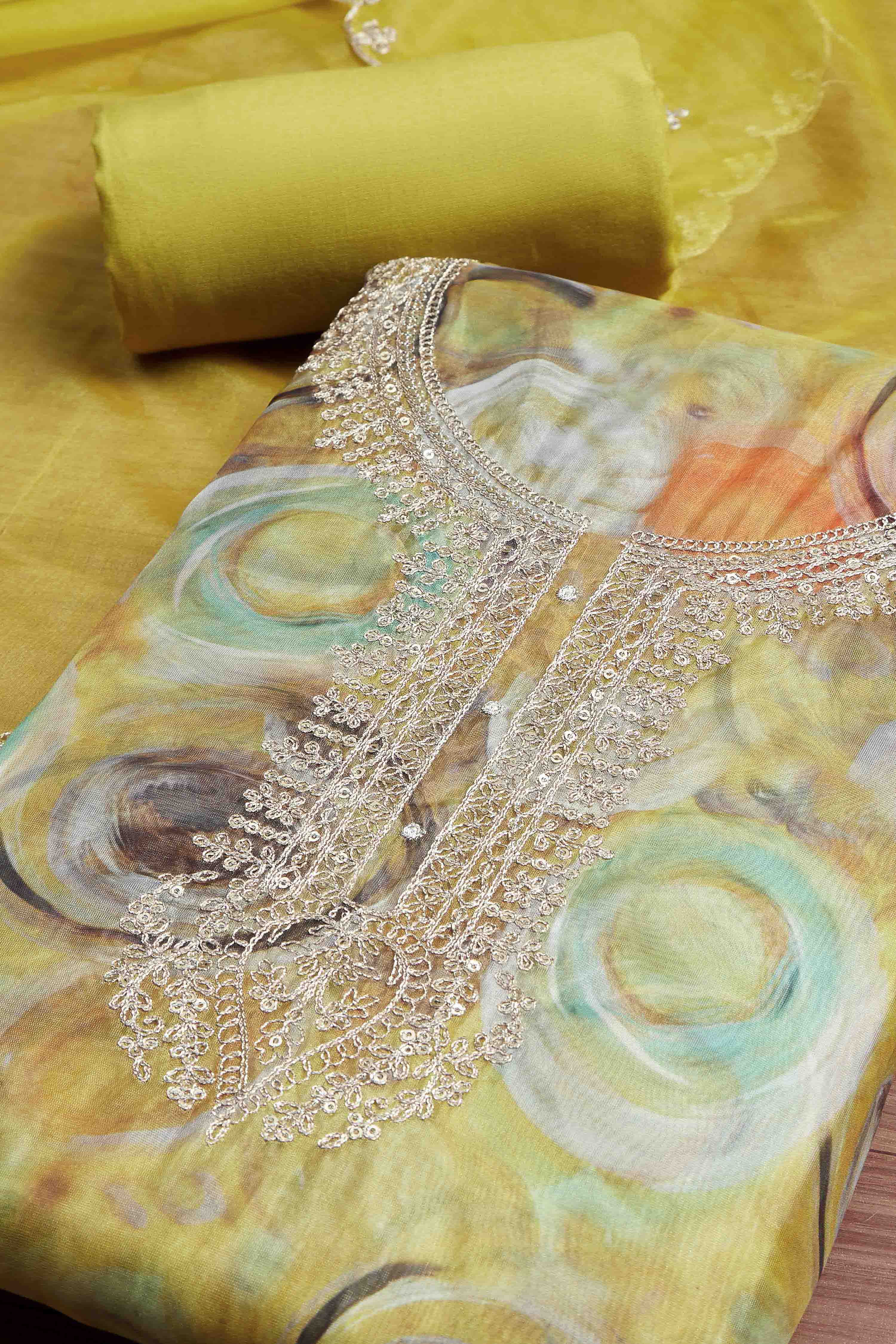 Peach-Colored Organza Rajasthani Print Unstitched Suit Set image number 1