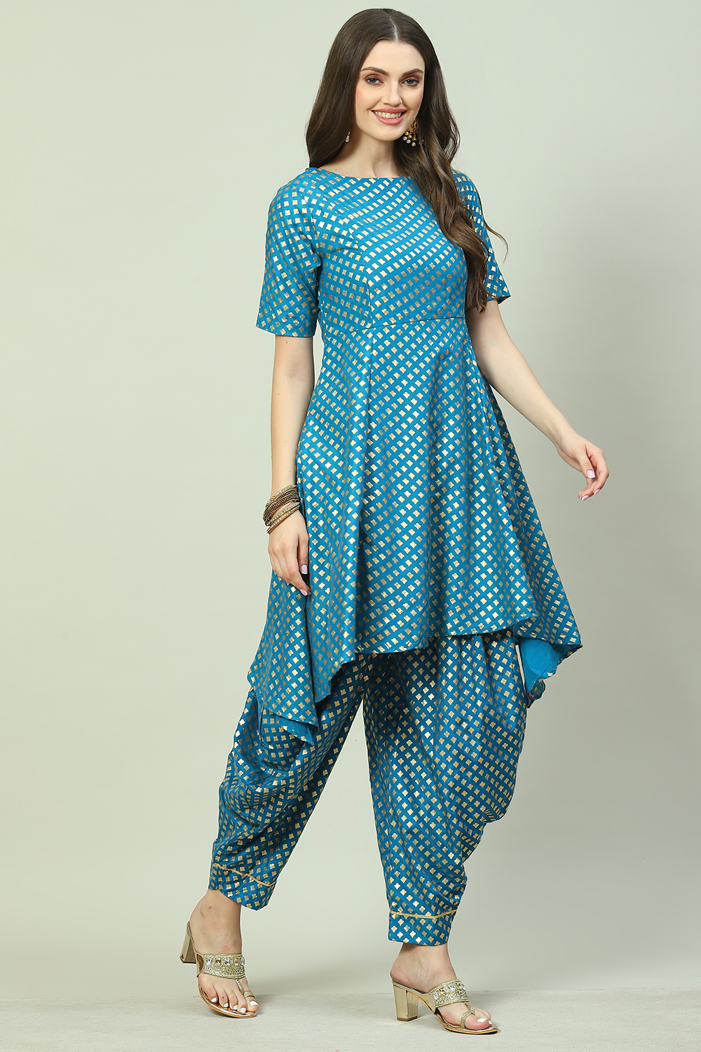 Blue Printed Straight Kurta Dhoti Salwar Suit Set image number 0