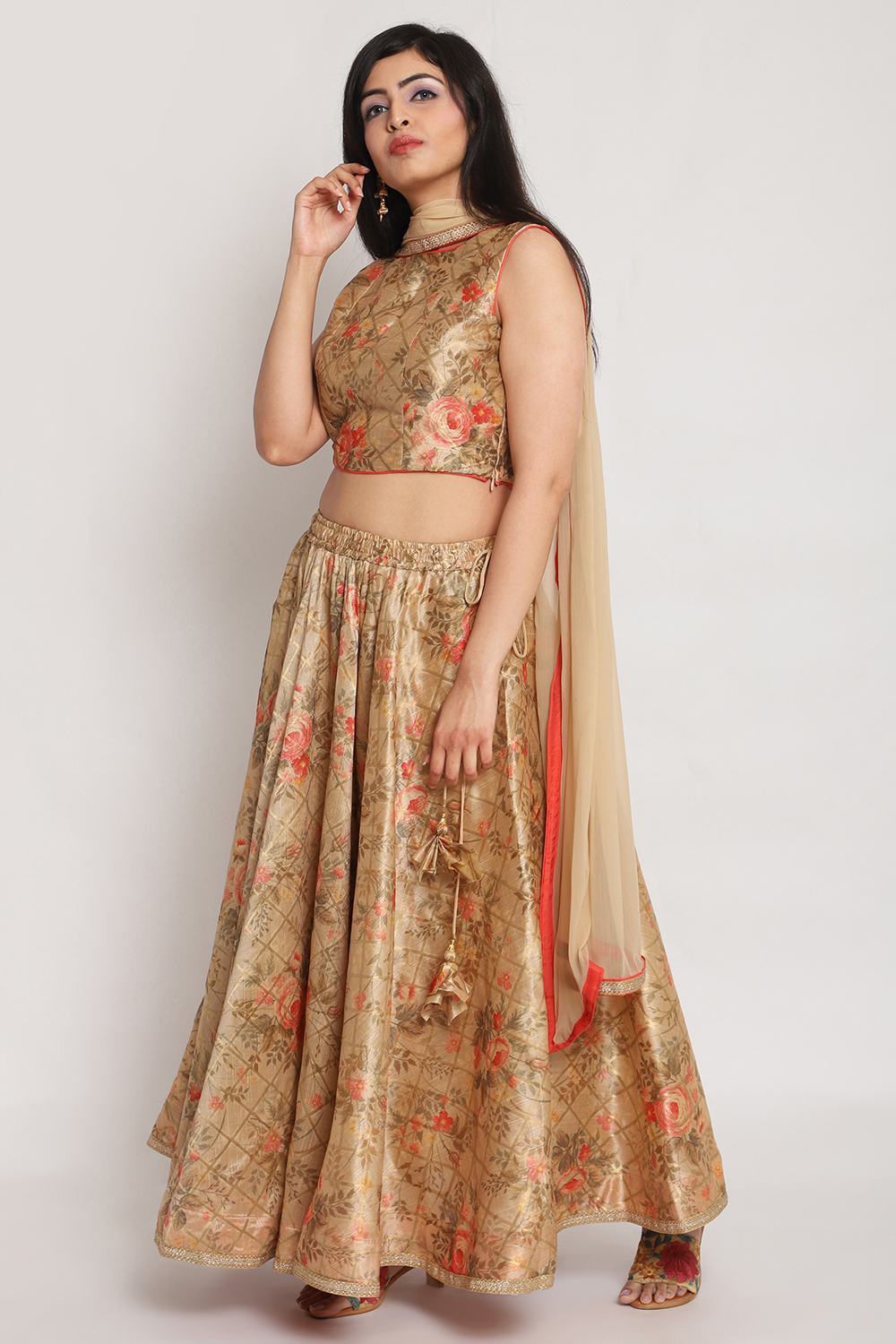 Beige Poly Metallic Floral Lehenga Set image number 3