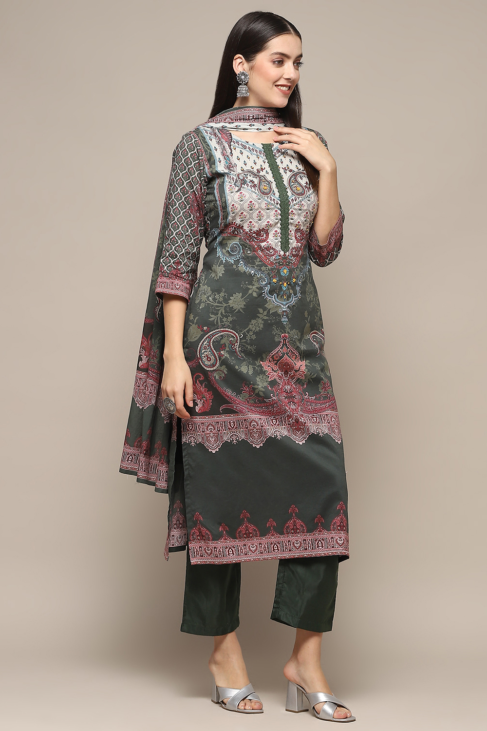 Olive Cotton Unstitched Suit set image number 7