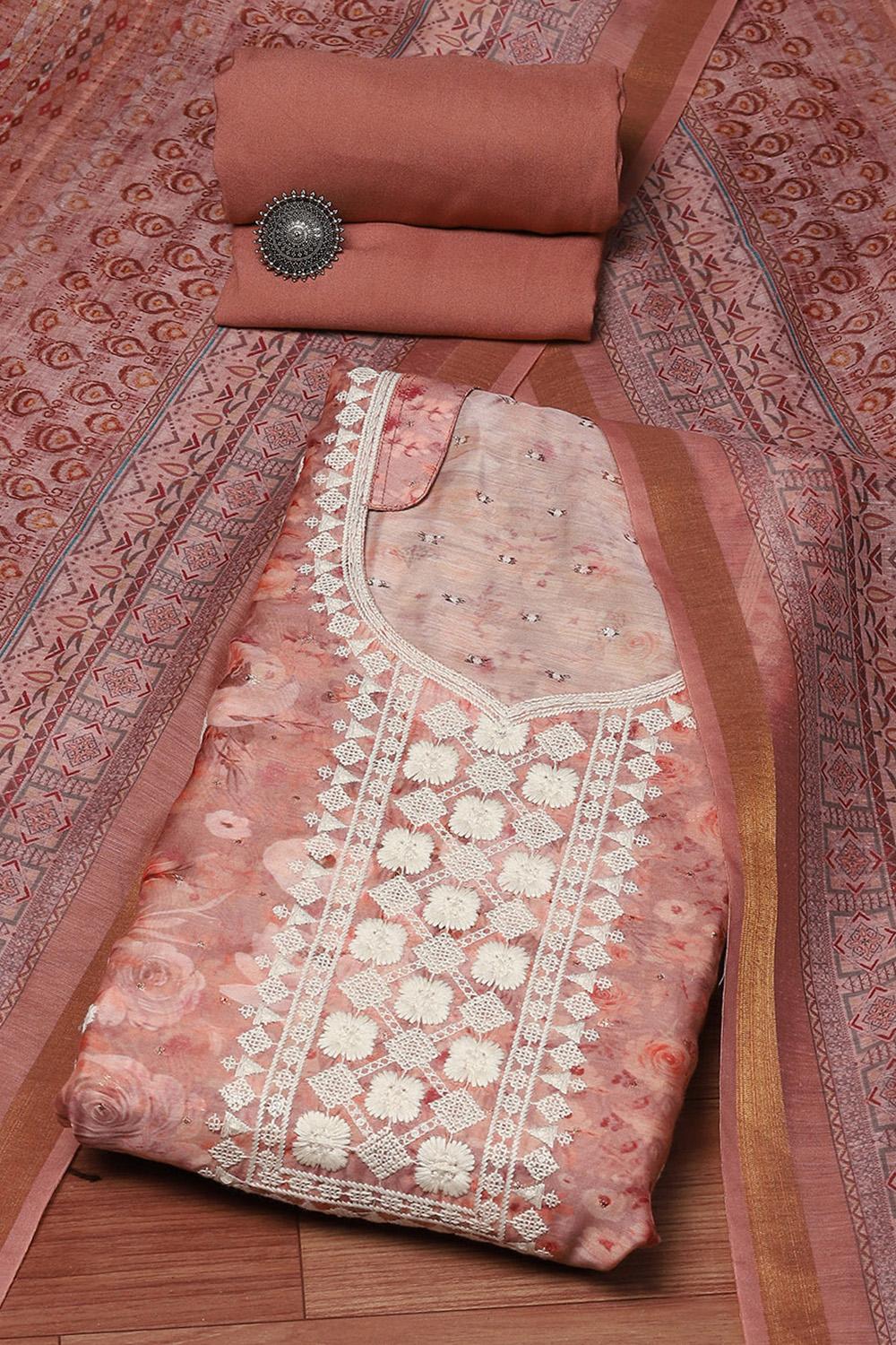 Peach Chanderi Unstitched Suit Set image number 0