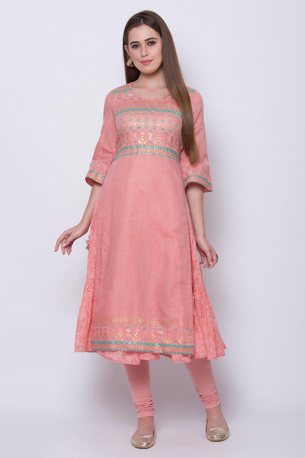 Peach Art Silk Flared Printed Kurta image number 2