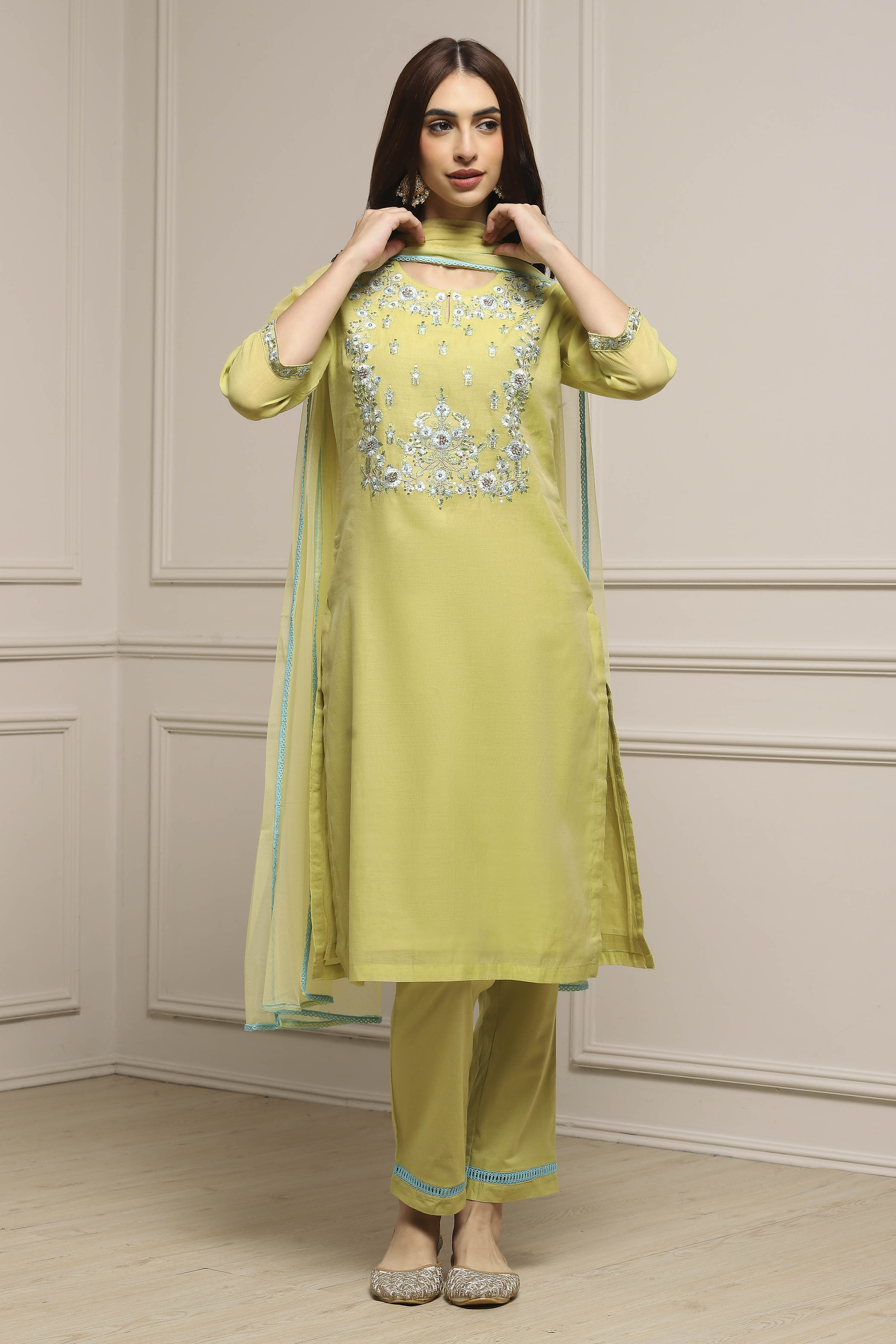 Peach Art Silk A-Line Kurta Regular Pant Suit Set image number 5