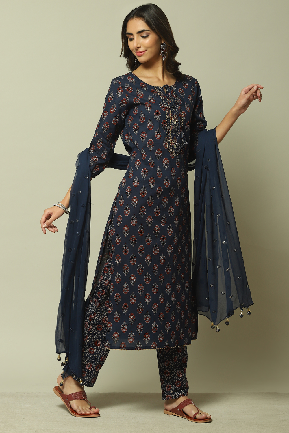 Indigo Cotton Hand Block Print Unstitched Suit Set image number 4
