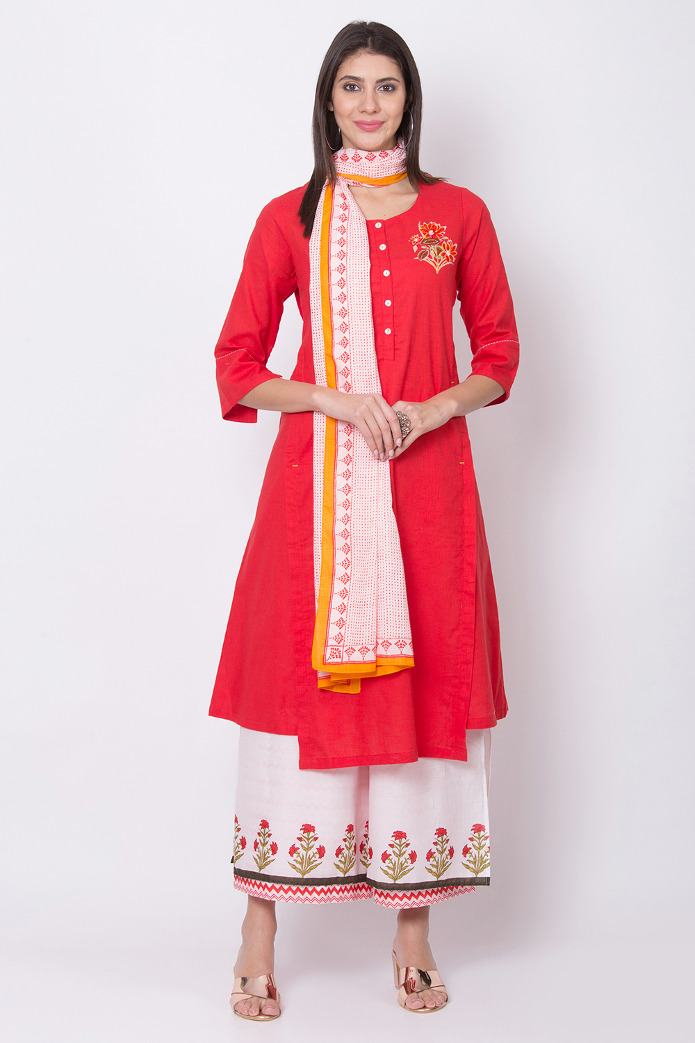 Red Cotton A-Line Kurta Palazzo Suit Set image number 0