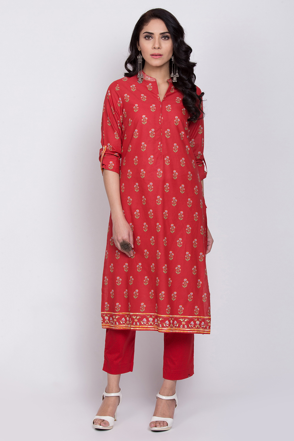 Red Cotton Straight Printed Kurta image number 0