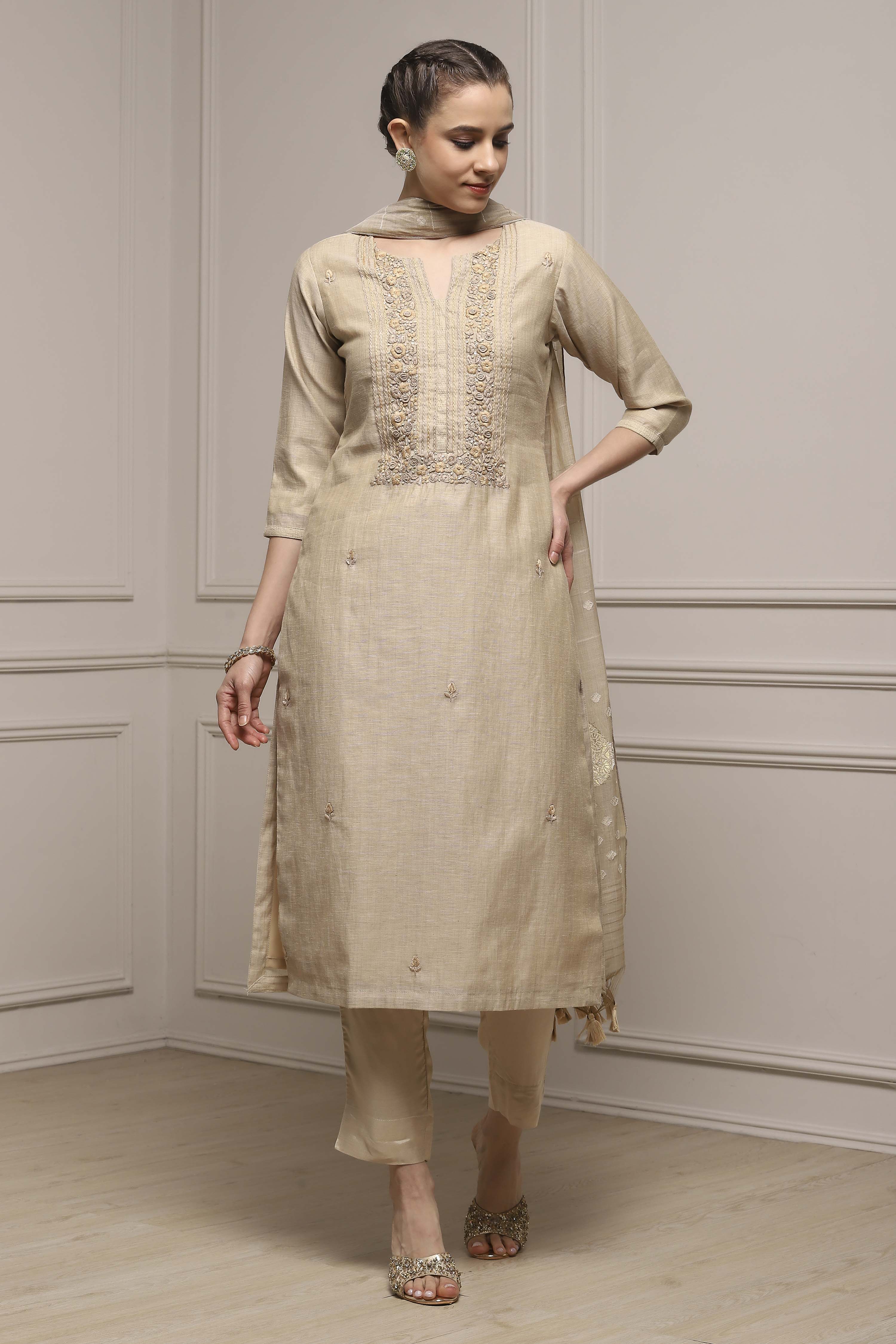 Beige Chanderi Blend Hand Embroidered Unstitched Suit Set image number 1