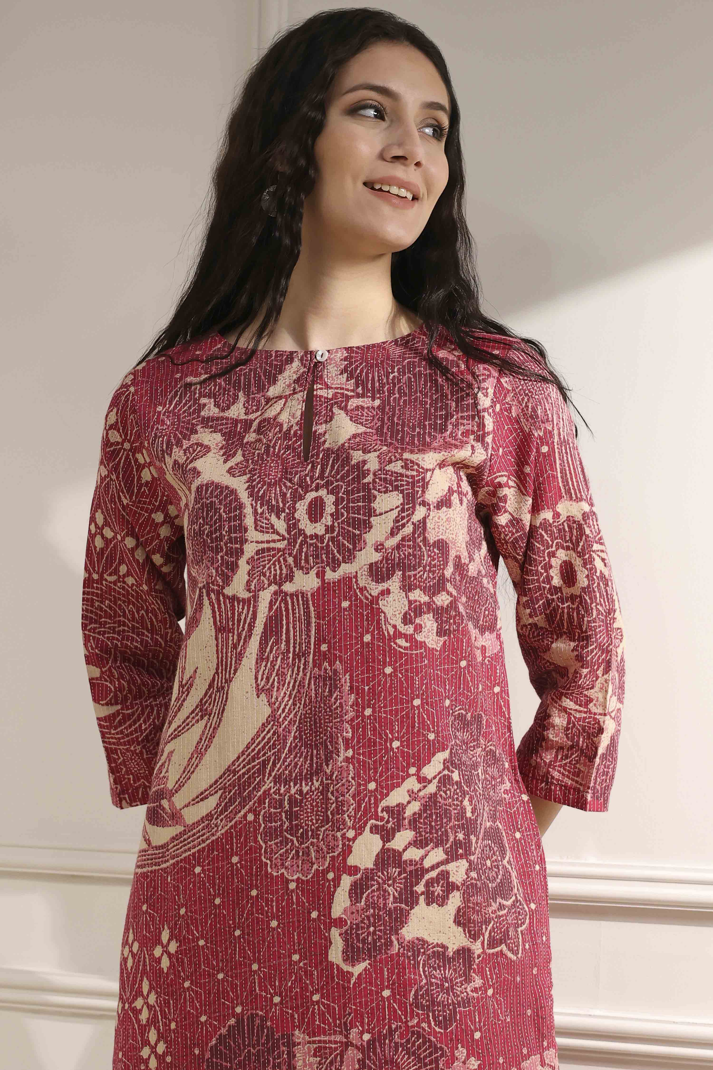 Onion Pink Cotton Printed Straight Kurta image number 1