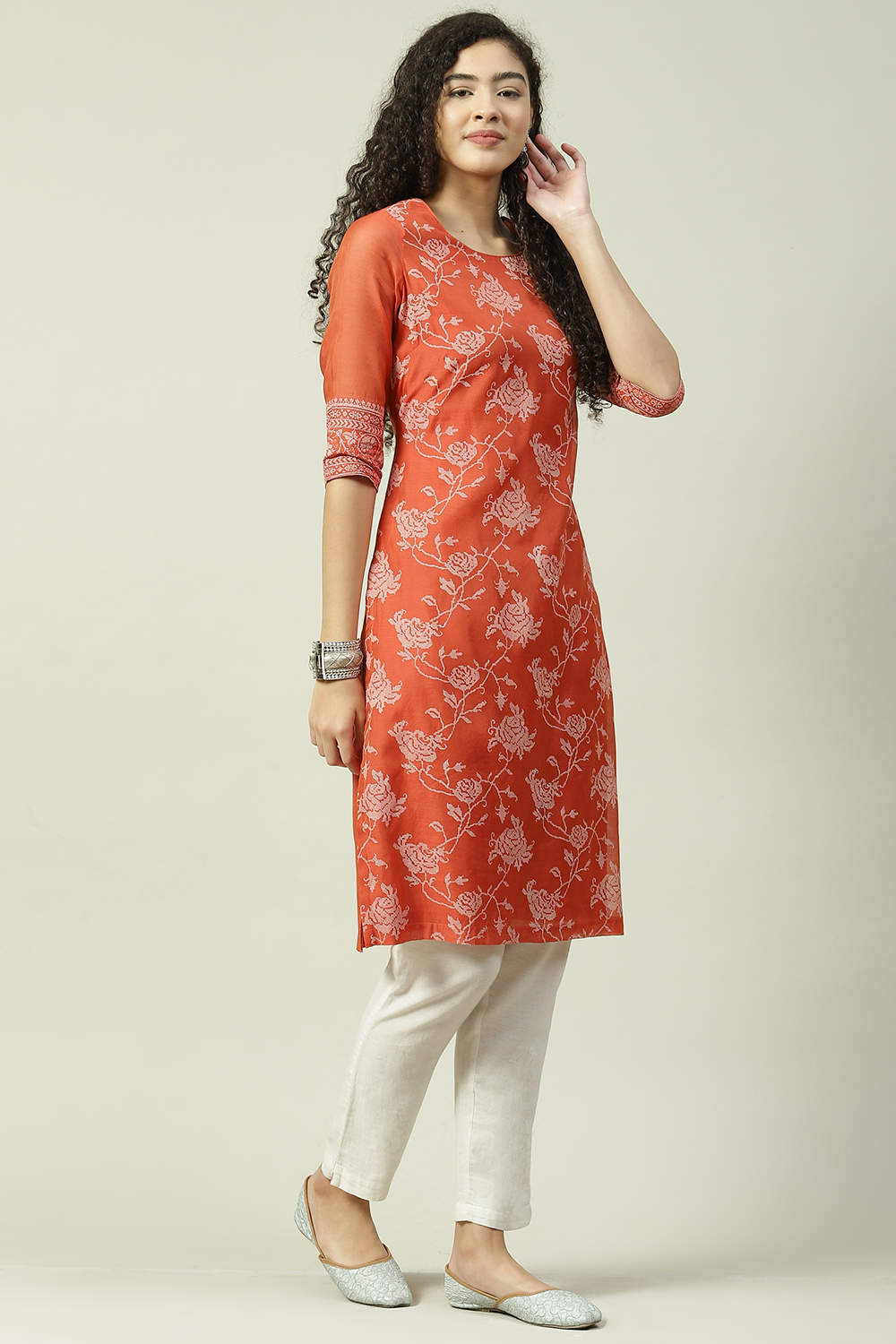 Burnt Orange Art Silk Straight Printed Kurta image number 3