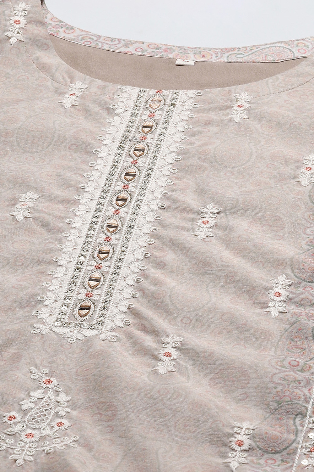 Beige Chanderi Blend Machine Embroidered Unstitched Suit Set image number 2