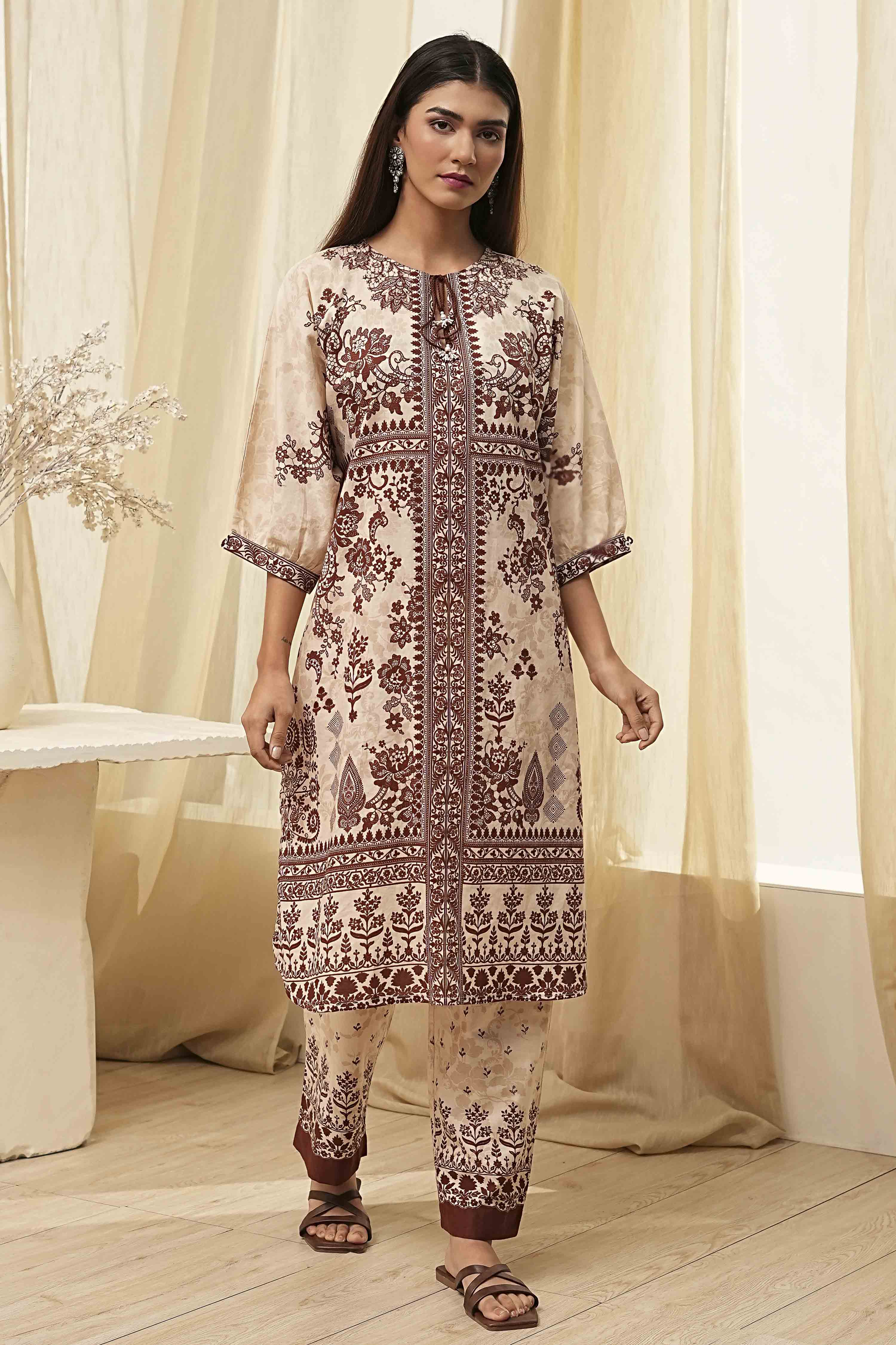 Beige and Brown Pure Cotton Printed Kurta Set image number 6