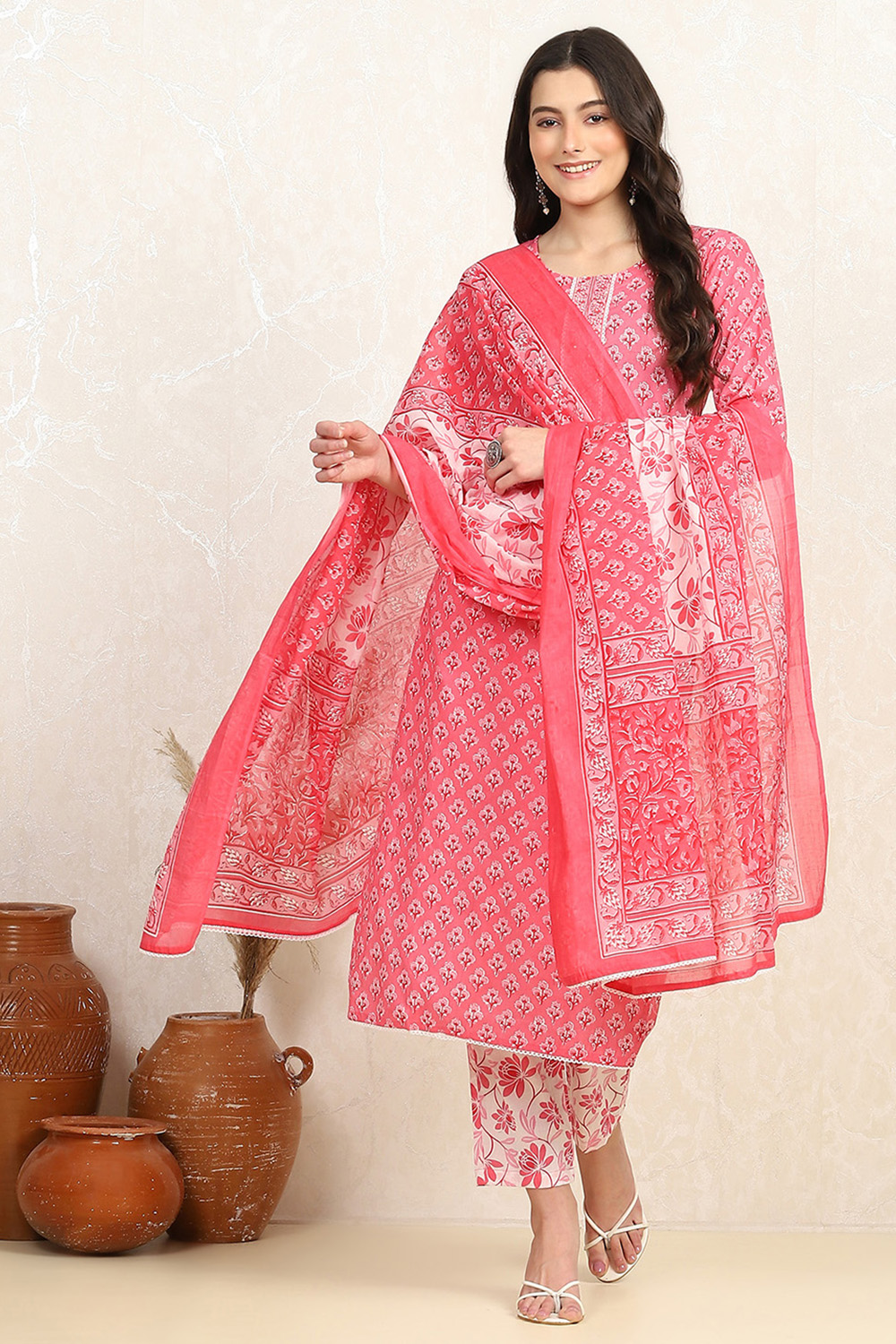 Pink Cotton Screen Print Unstitched Suit Set image number 1