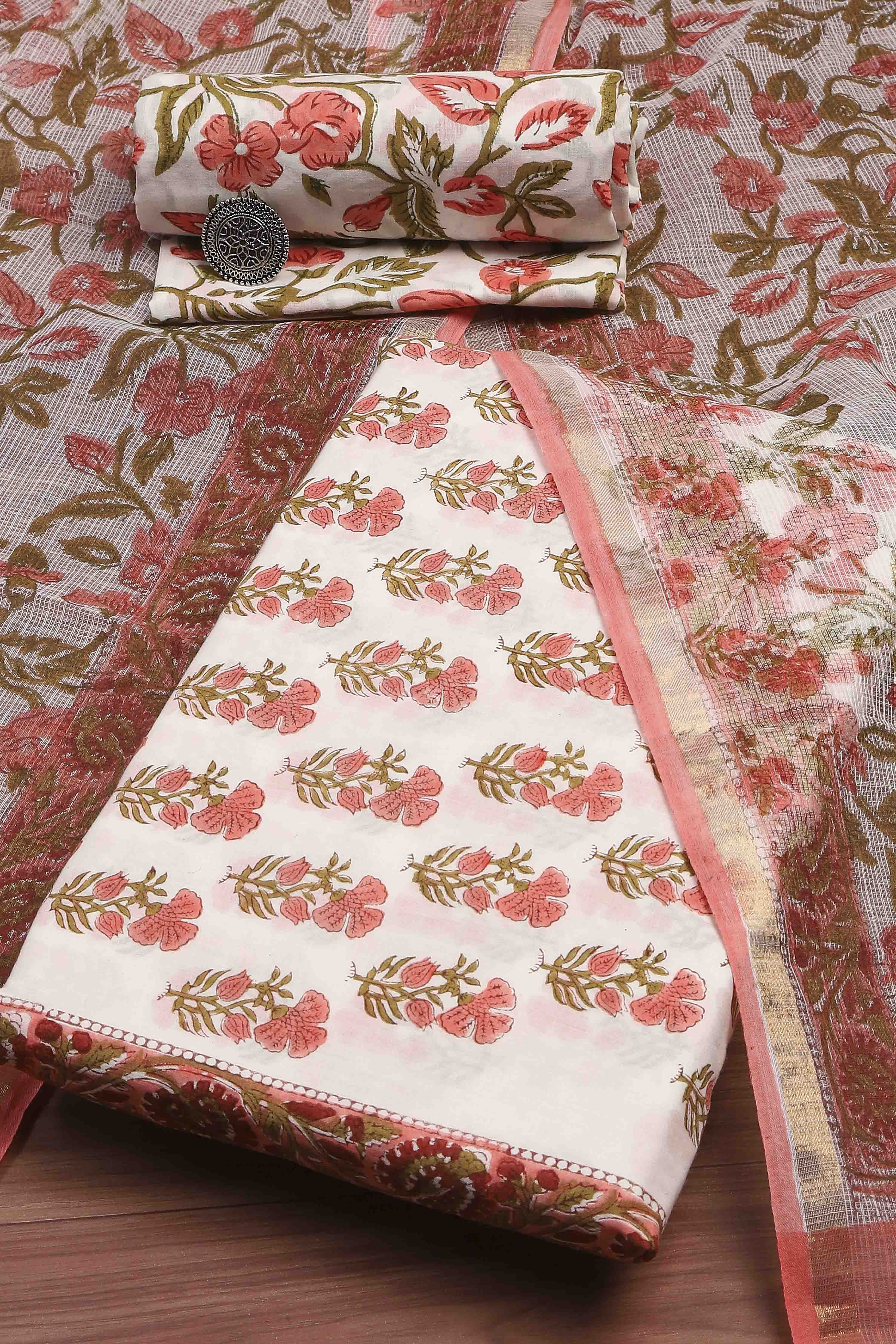 Pink Cotton Printed Embroidered Unstitched Suit Set image number 0