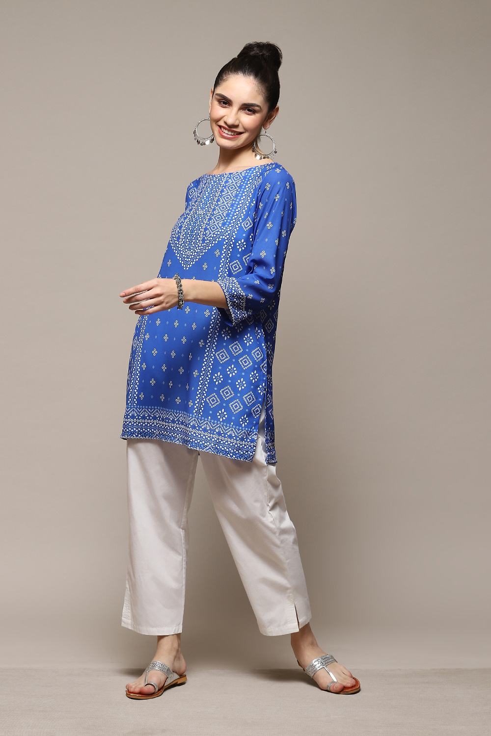 Royal Blue LIVA Straight Printed Kurti image number 0