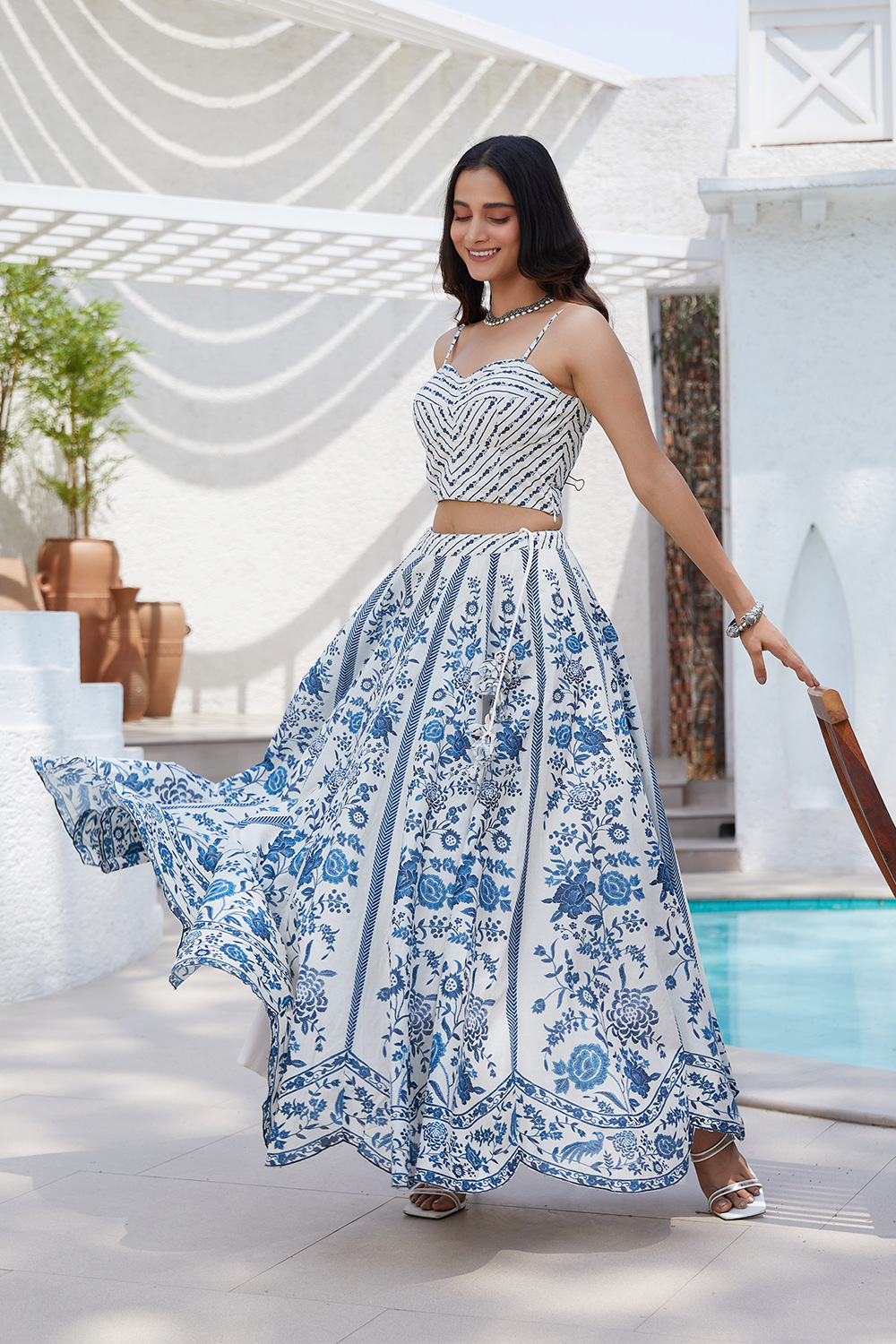 White Blue Cotton Straight Lehenga Set image number 2