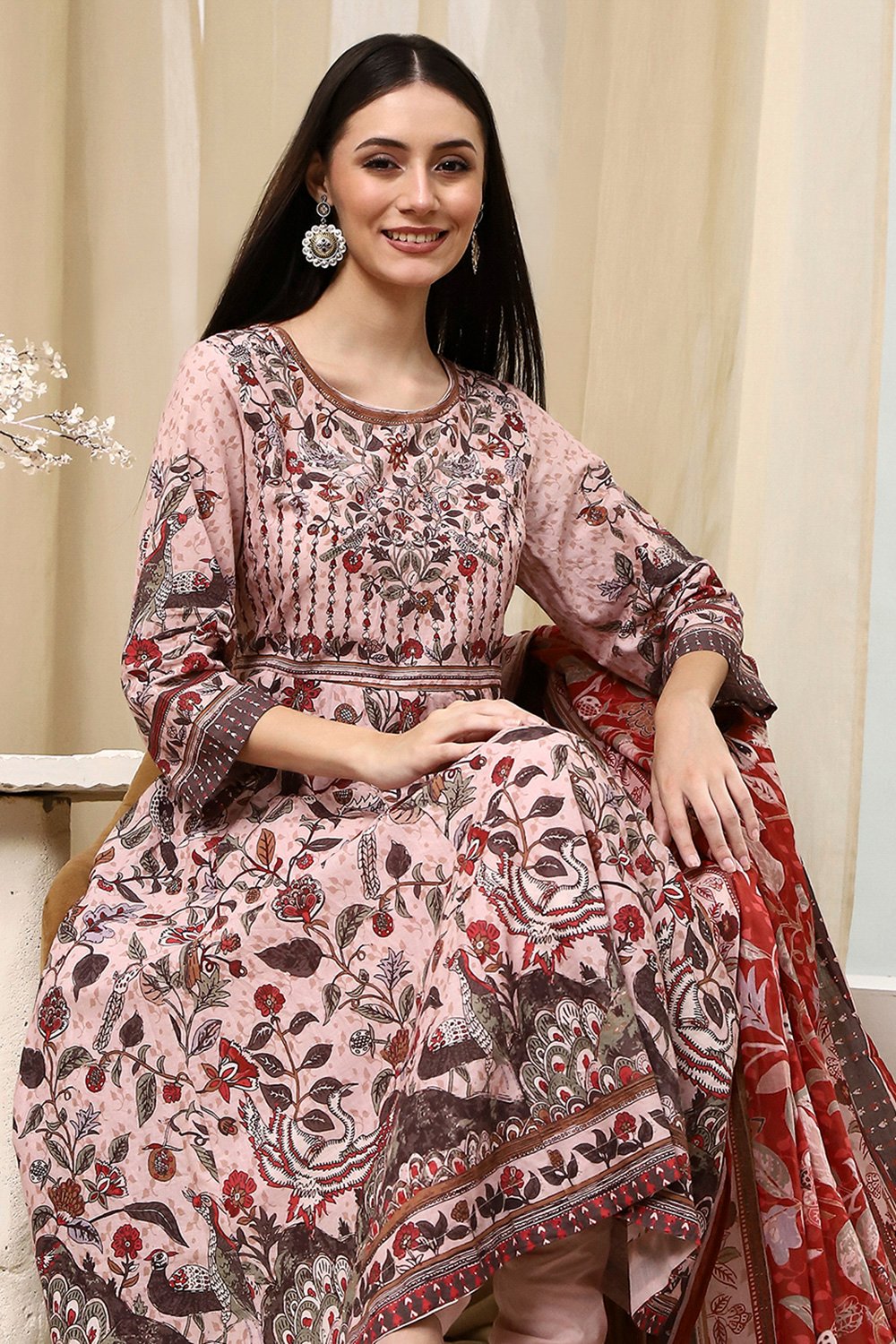 Beige Cotton Anarkali Printed Kurta Suit Set image number 0