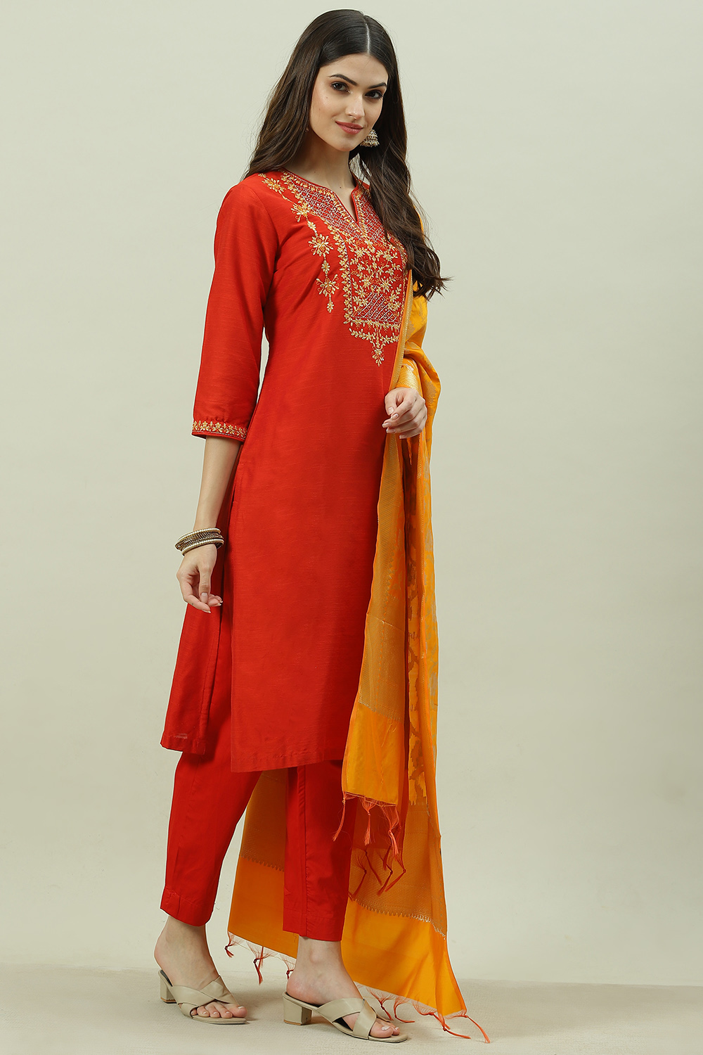 Terracotta Poly Cotton Straight Kurta Slim Pant Suit Set image number 6