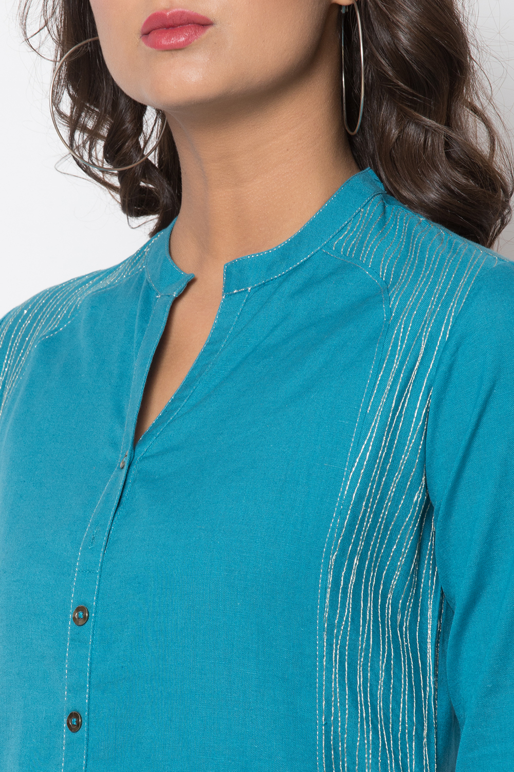 Teal Cotton Flax Front Open Solid Kurta image number 1