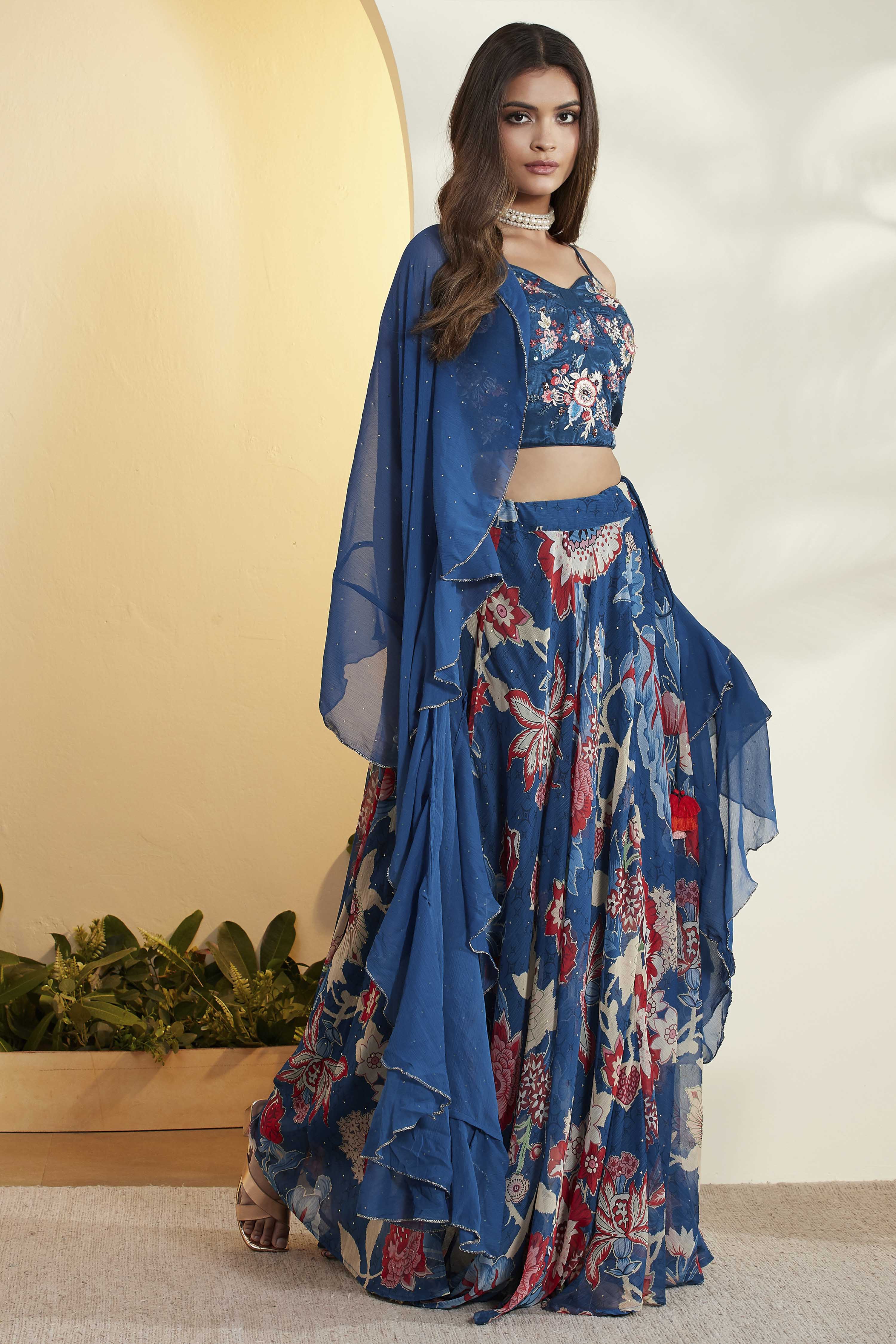 Blue Viscose Rayon Printed Lehenga Set image number 6