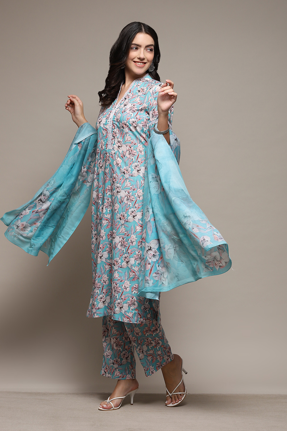 Light Blue Cotton Blend Digital Print Unstitched Suit Set image number 5